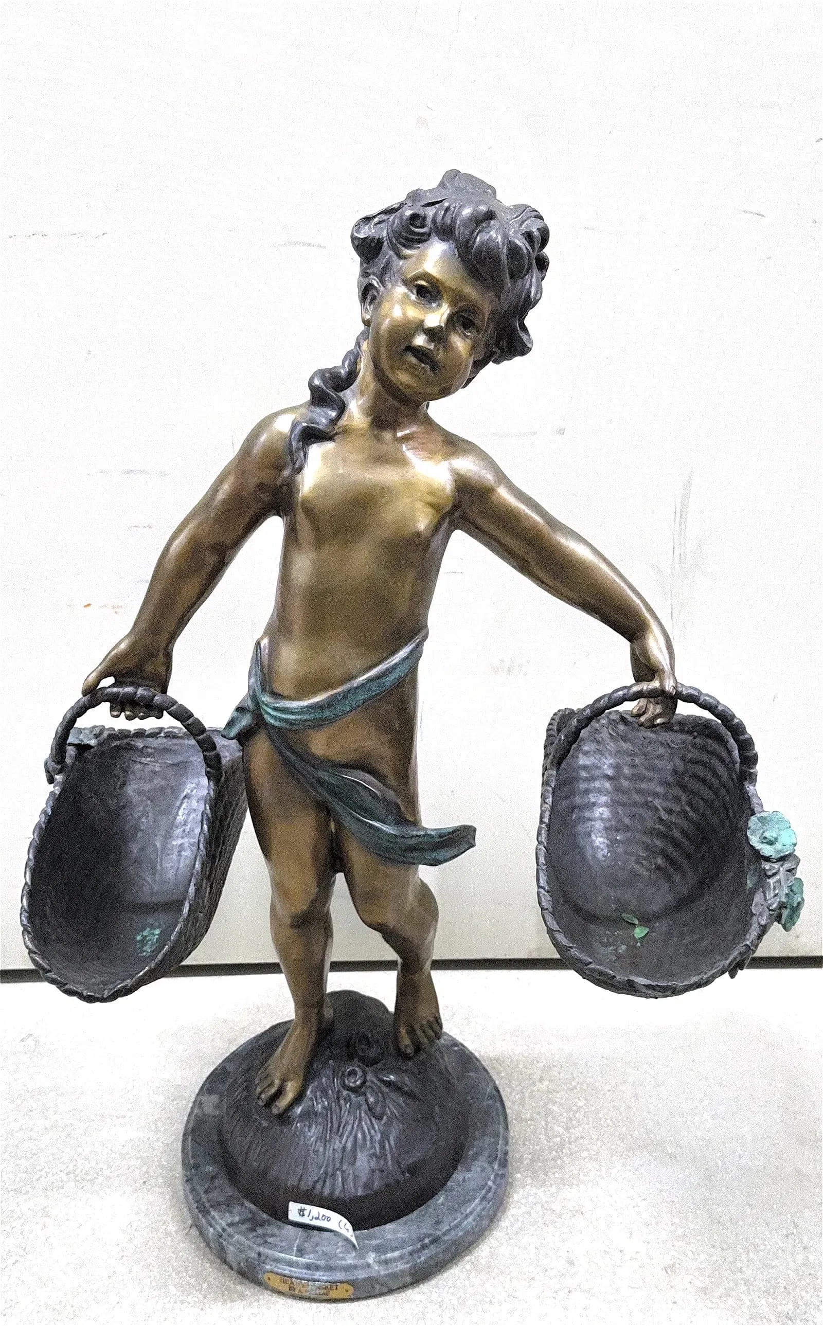 Bronze Sculpture Child w/ 2 Baskets - In the Manner of Auguste Moreau (1834 - 1917): KEYWORDS: Bronze, Patinated, Sculpture, Figure (or Figurine), Child (or Boy, Cherub, Putto, Cupid), Easter Baskets (or "Heavy Baskets"), Suzanne Bizard (artist name, often signed "S. Bizard"), Auguste