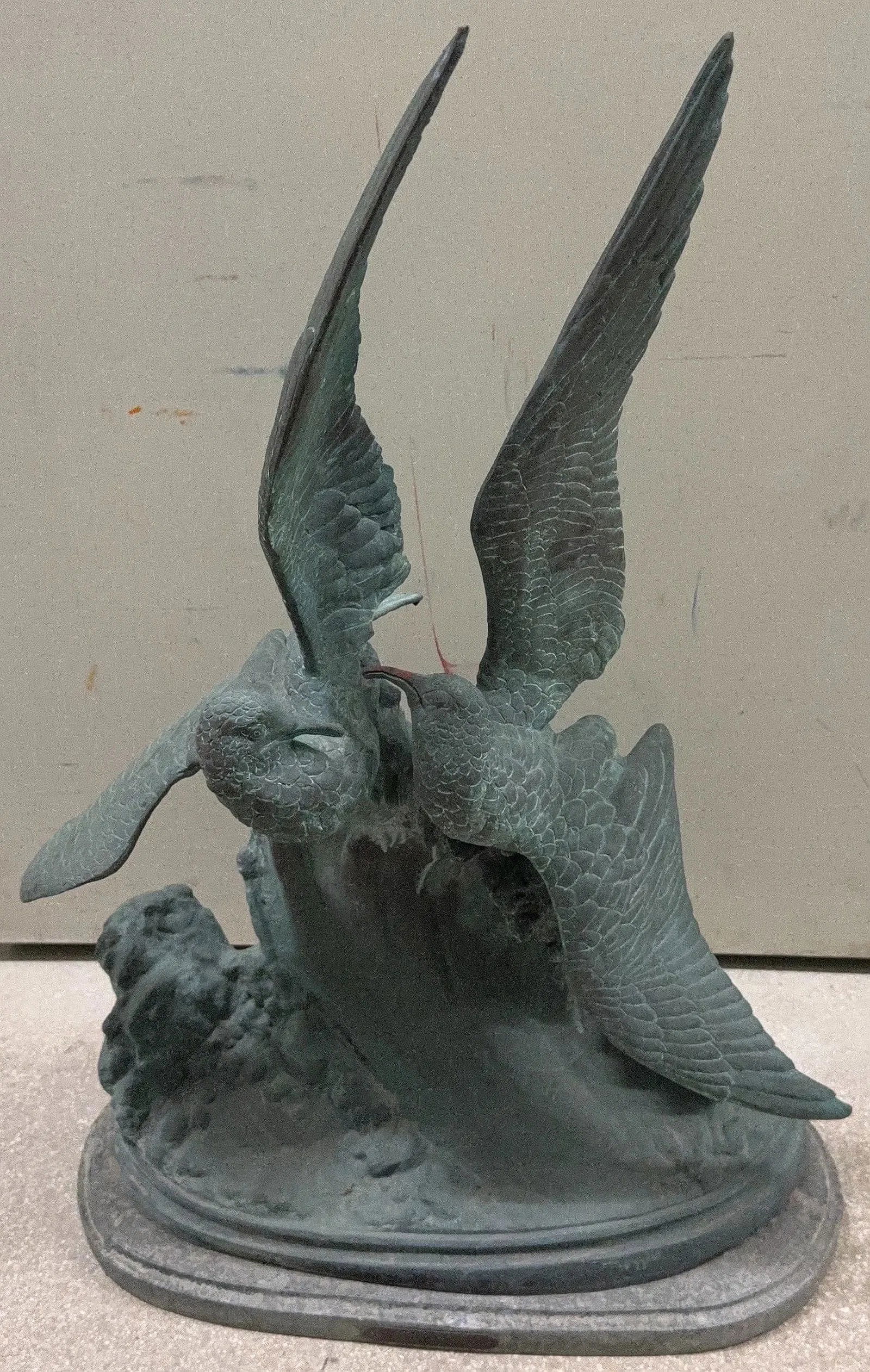 Bronze Bird Sculpture - In the Manner of Henri Lechesne (b. 1869): KEYWORDS: Sculpture, Bronze, Patinated (or Verdigris patina), Seagulls, Gulls, Henri Lechesne (artist), "Seagulls on a Wave" (title), Art Deco, 19th Century, Naturalism, Marine life, Birds. This image