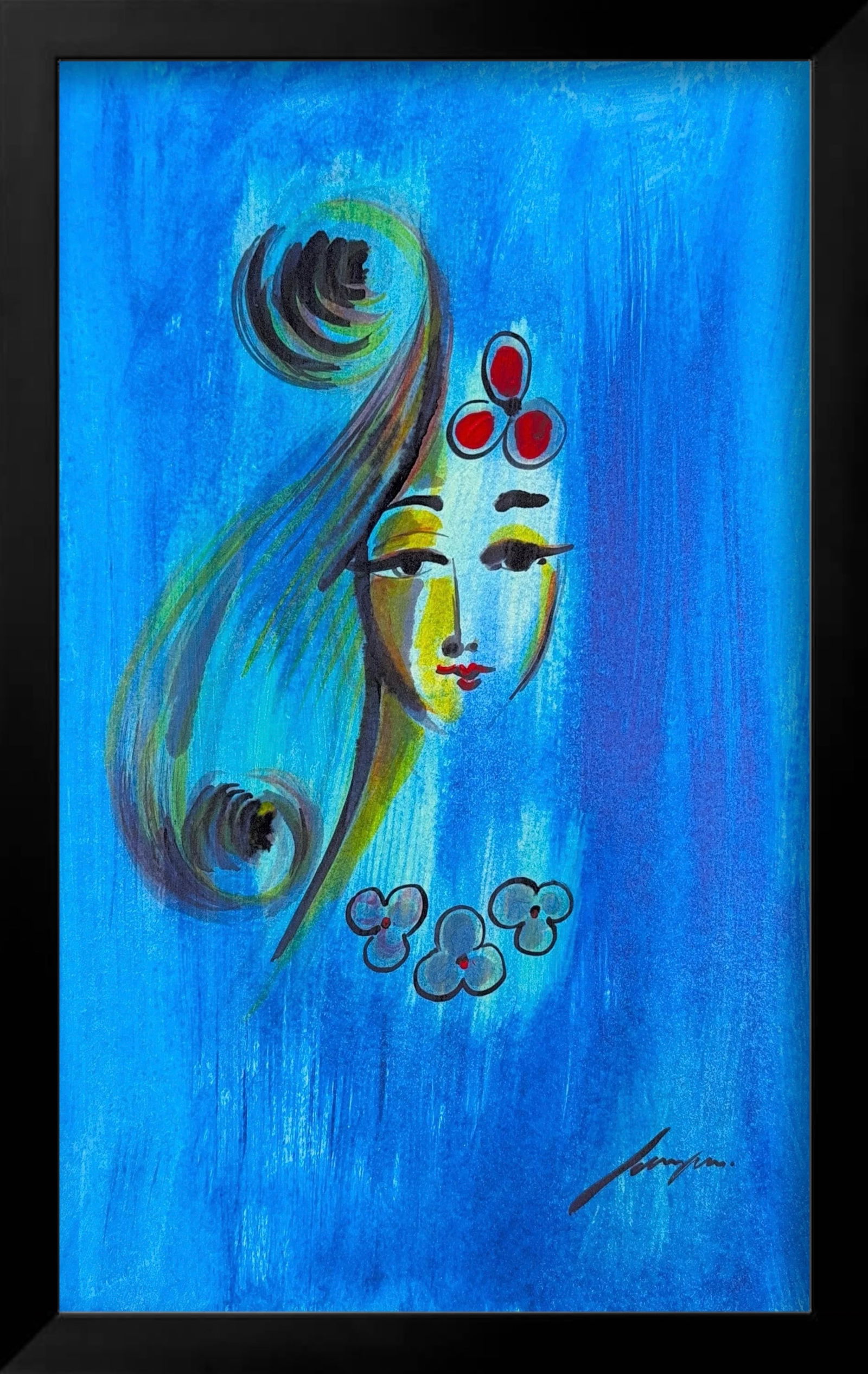 Jorgen, Oil/Mix-Media on Cardboard, Cuban (1958 - Ongoing) "Victoria": KEYWORDS: Female portrait, Woman, Modern, Abstract, Blue, Electric, Floral patterns, Swirling hair, Bold outlines, Vibrant, Whimsical, Expressive. Miami Local Artist. Having arrived from Cuba in 1970,