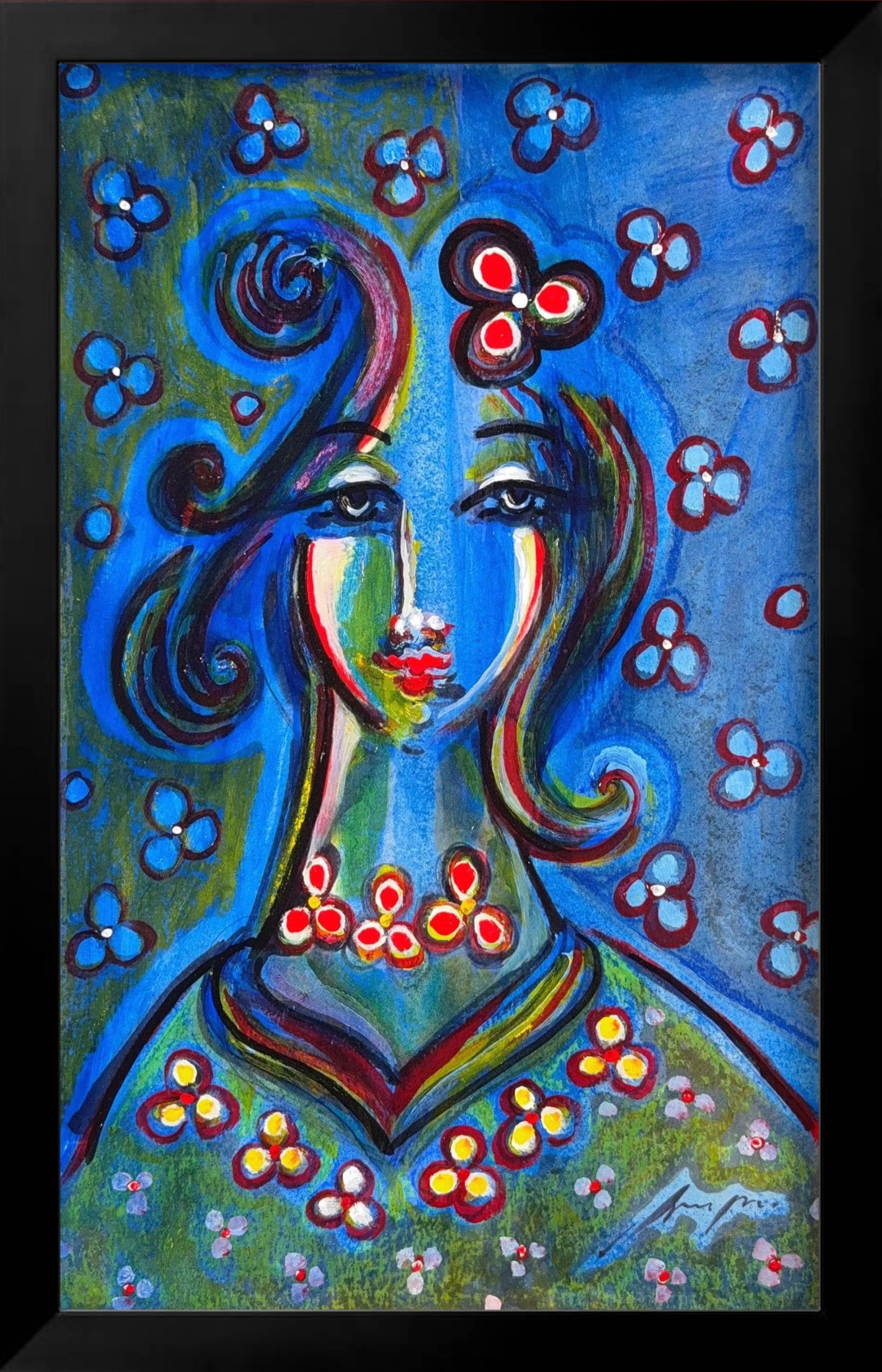 Jorgen, Oil/Mix-Media on Cardboard, Cuban (1958 - Ongoing) "Victoria": KEYWORDS: Female portrait, Woman, Modern, Abstract, Blue, Electric, Floral patterns, Swirling hair, Bold outlines, Vibrant, Whimsical, Expressive, Victoria. Miami Local Artist. Having arrived from Cub