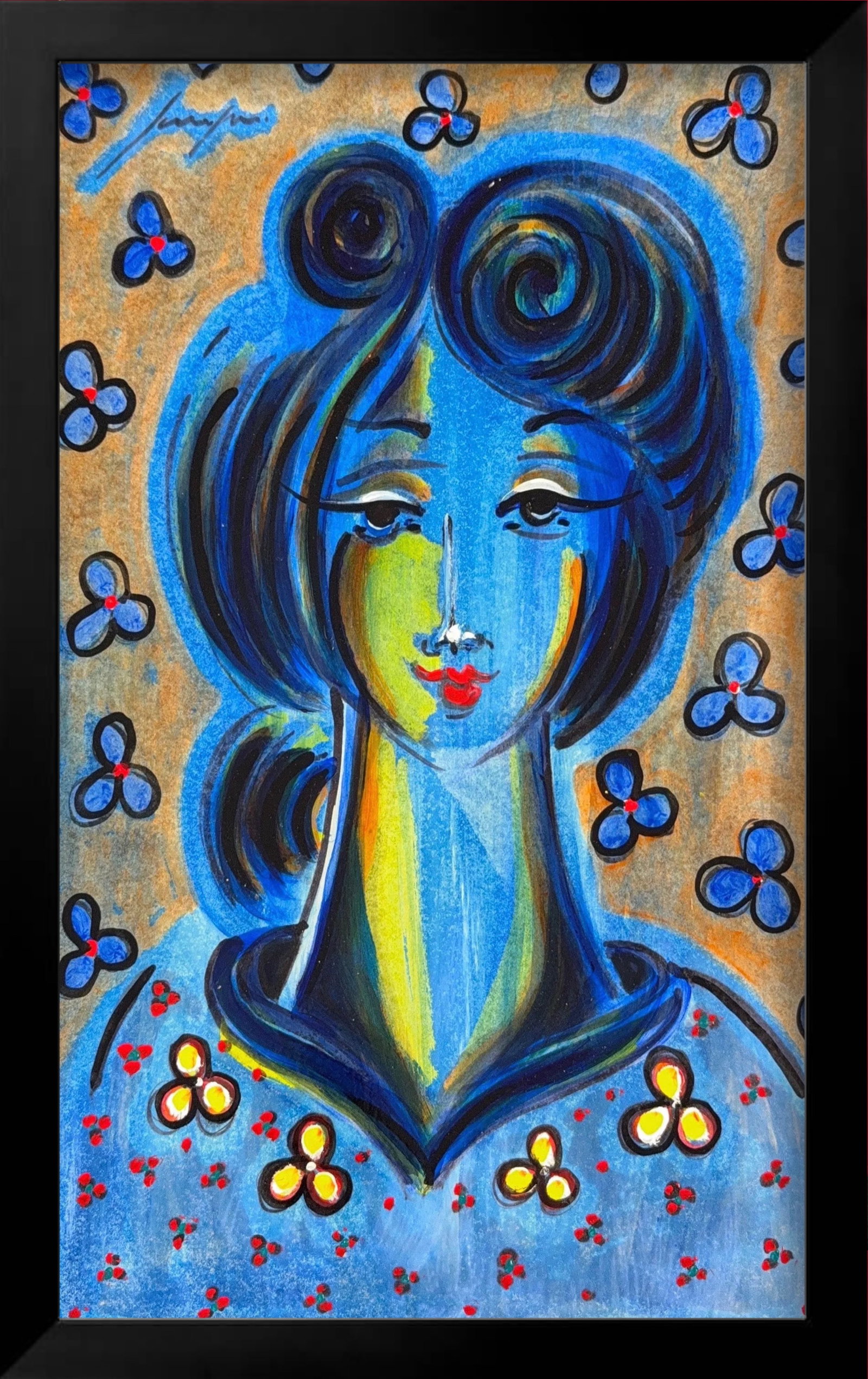 Jorgen, Oil/Mix-Media on Cardboard, Cuban (1958 - Ongoing) "Victoria": KEYWORDS: Female portrait, Woman, Modern, Abstract, Blue, Electric, Floral patterns, Swirling hair, Bold outlines, Vibrant, Whimsical, Expressive, Victoria. Miami Local Artist. Having arrived from Cub
