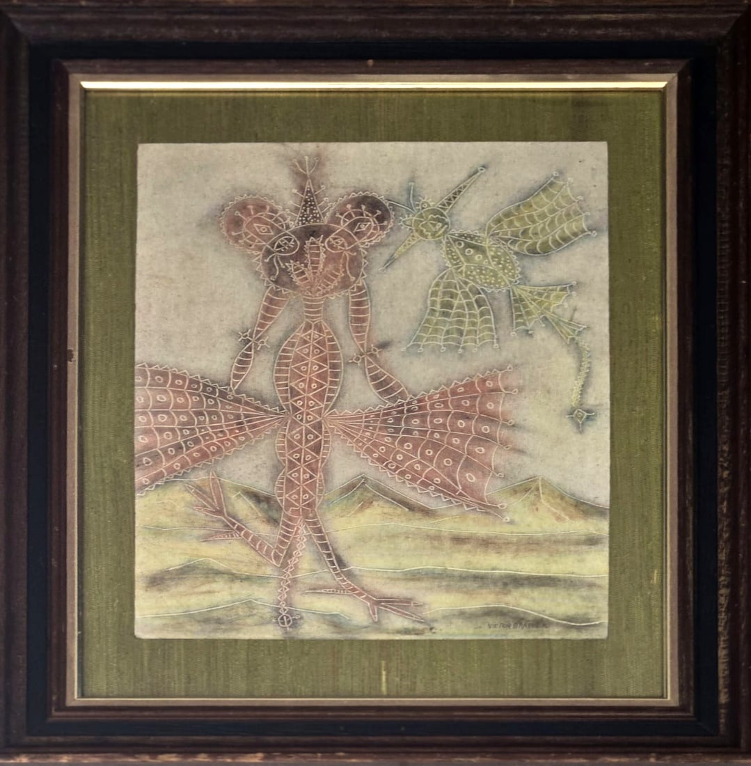 Victor Brauner, Mix-Media on Cardboard, Romanian-French(1903 - 1966): KEYWORDS: Surrealism, Anthropomorphic figure, Bird, Hybrid, Insectoid, Geometric, Web-like, Intricate, Linear, Desert, Pyramids, Dunes, Red, Gold, Green. Victor Brauner (1903-1966). Just as Constantin