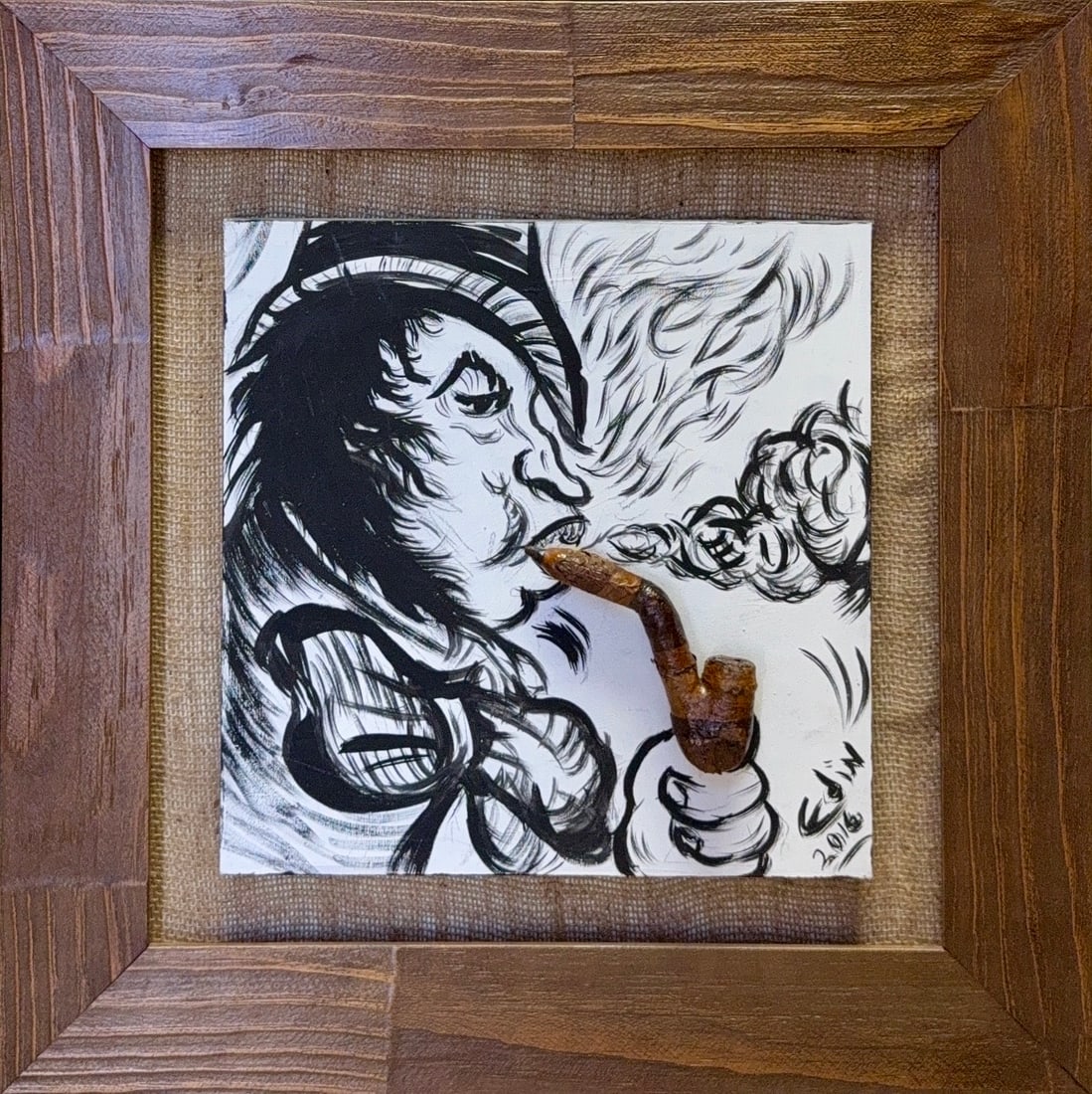 Edin Gutierrez, Oil on Board, Cuban (1953 - Ongoing): KEYWORDS: Portrait, Man, Pipe, Smoke, Hat, Beard, Monochrome, 3D, Handmade, Wood, Texture, Expression, Whimsical, Creative, Cigar is made out of real Cigar Leaves, Hand rolled. Frame made by hand, out