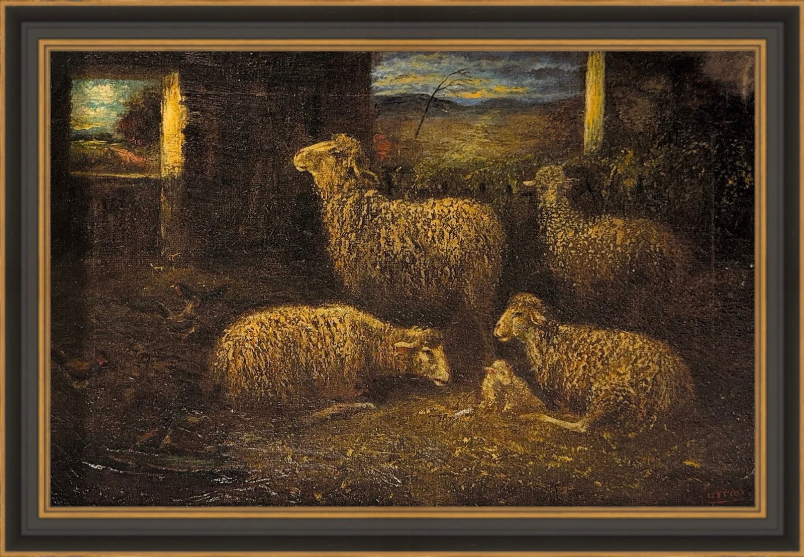 Illegible Signature, Oil on Canvas: KEYWORDS: Sheep, Stable, Chiaroscuro, Light, Trees, Sky, Mountains, Earth-tones, Lambs, Pastoral, Farming. The painting features a small flock of sheep resting and standing within a dark, rustic stabl