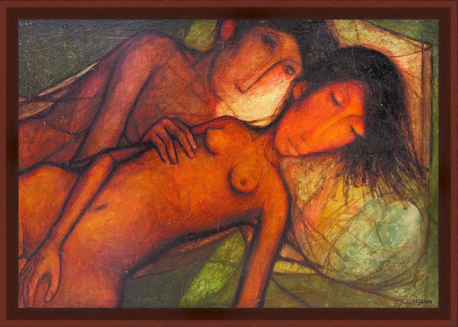 Rene Cazassus, Oil on Canvas Laid on Hardboard, French (1932 - Ongoing): KEYWORDS: Figures, Expressionism, Intimate, Terracotta, Amber, Ochre, Craquelure, Impasto, Warm, Tender, Somber, Romantism. René Cazassus (born 1932) is a French postwar and contemporary painter and
