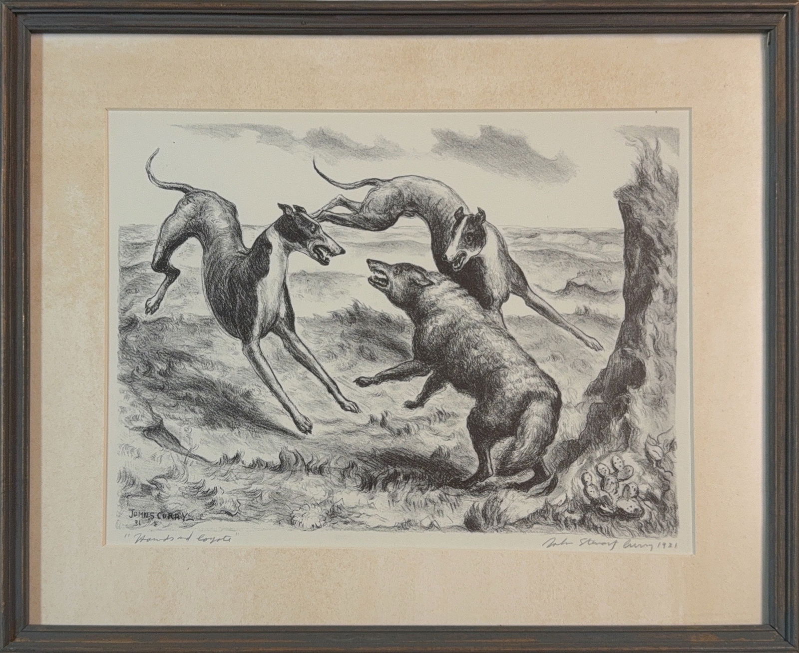 John Steuart Curry, Lithograph, American (1897 - 1946) "Hounds and Coyote" (1 of 7)