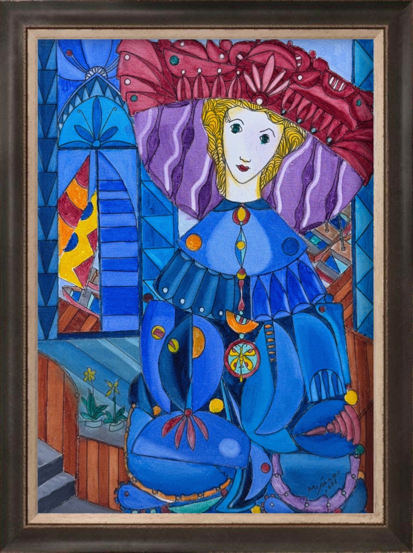 Jose Marie Mijares Fernandez, Oil on Canvas, Cuban (1921 - 2004) "Habanera": KEYWORDS: Habanera, Cuban, Portrait, Female, Gown, Hat, Geometric, Patterned, Modernism, Colorful. COMES WITH CERTIFICATE OF AUTHENTICITY; COMES WITH PROOF OF ARTIST WITH THE WORK IN HANDS AFTER COMPL