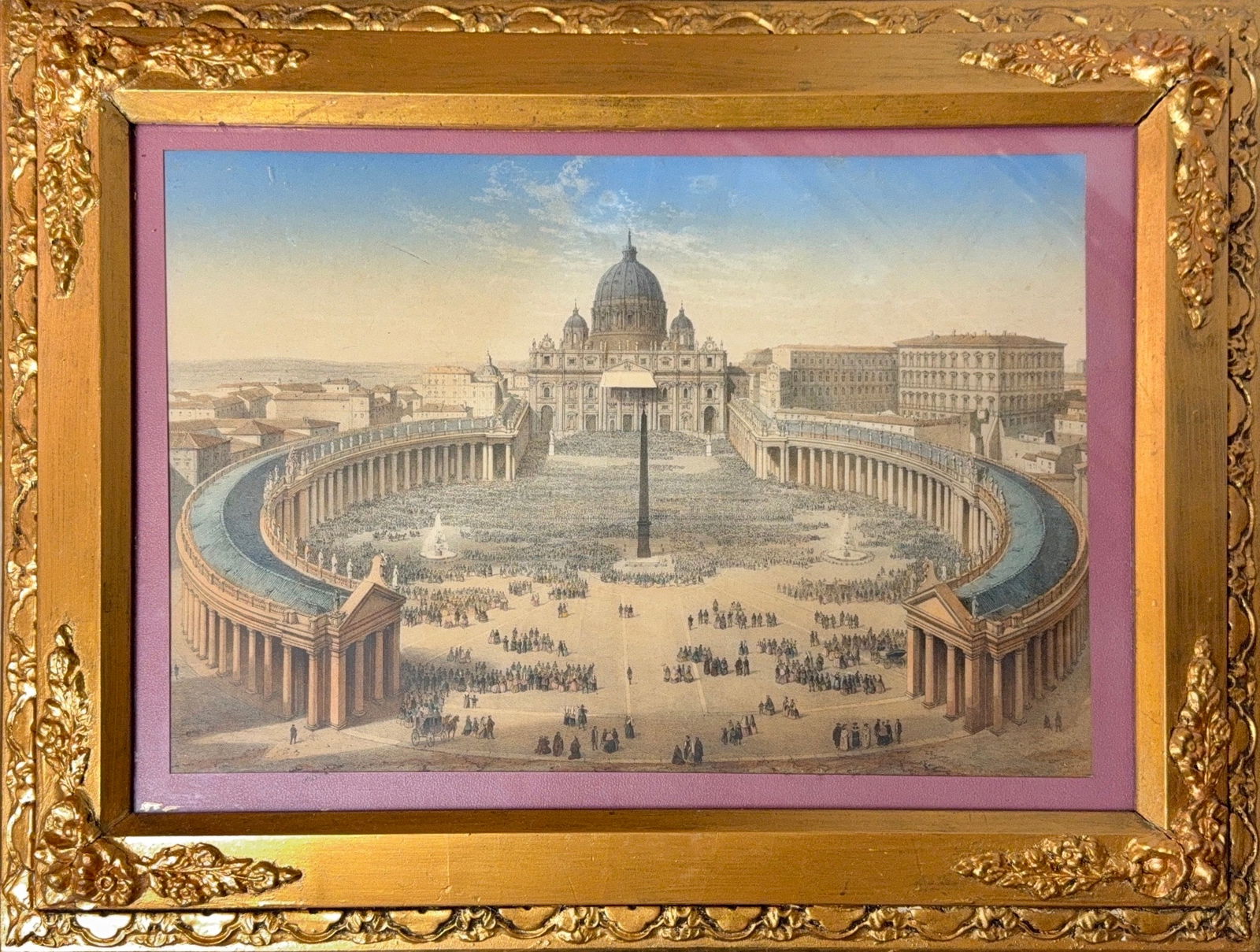 1870 Antique Litograph with Hand Aquatint (Vatican): KEYWORDS: Grand Tour, Vatican, Basilica, Obelisk, Colonnade, Piazza, Bernini, Giltwood, Ornate, Panorama, Classical, Architecture. Vintage tinted lithograph titled "Vatican & St. Peter's Church, Rome"
