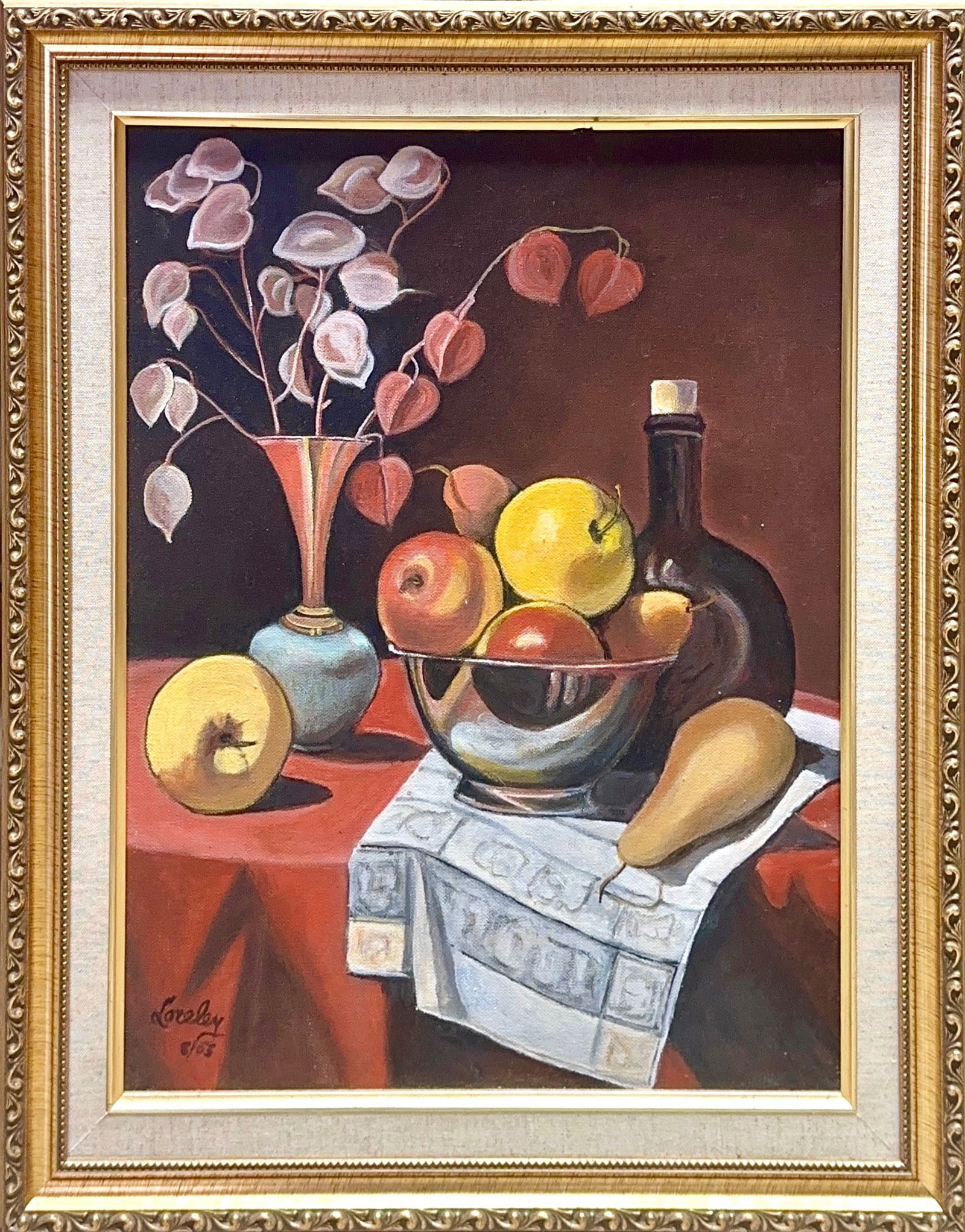Illegible Signature, Oil on Canvas (20th Century): Dated 8/03,Still life. This still life oil painting,?is an arrangement of fruits and decorative objects set against a deep, earthy brown background. It is executed in a style of classical realism?with