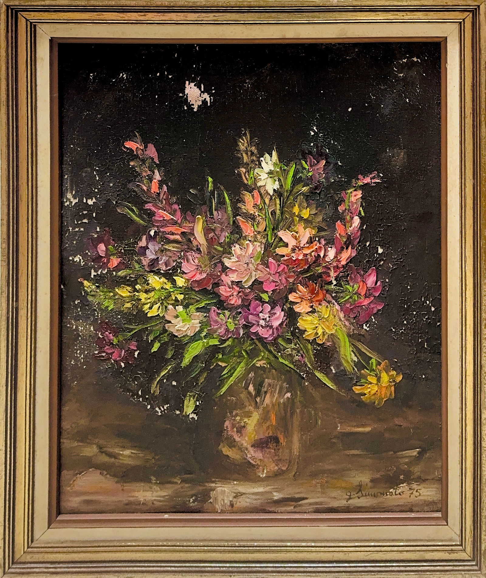 Illegible Signature, Oil on Canvas (20th Century): KEYWORDS: Floral bouquet, wildflowers, rustic, earth tones. Dated 1975, Still life. This floral still life features a bouquet of pink, yellow, and purple blossoms in a glass vase. Painted in a texture