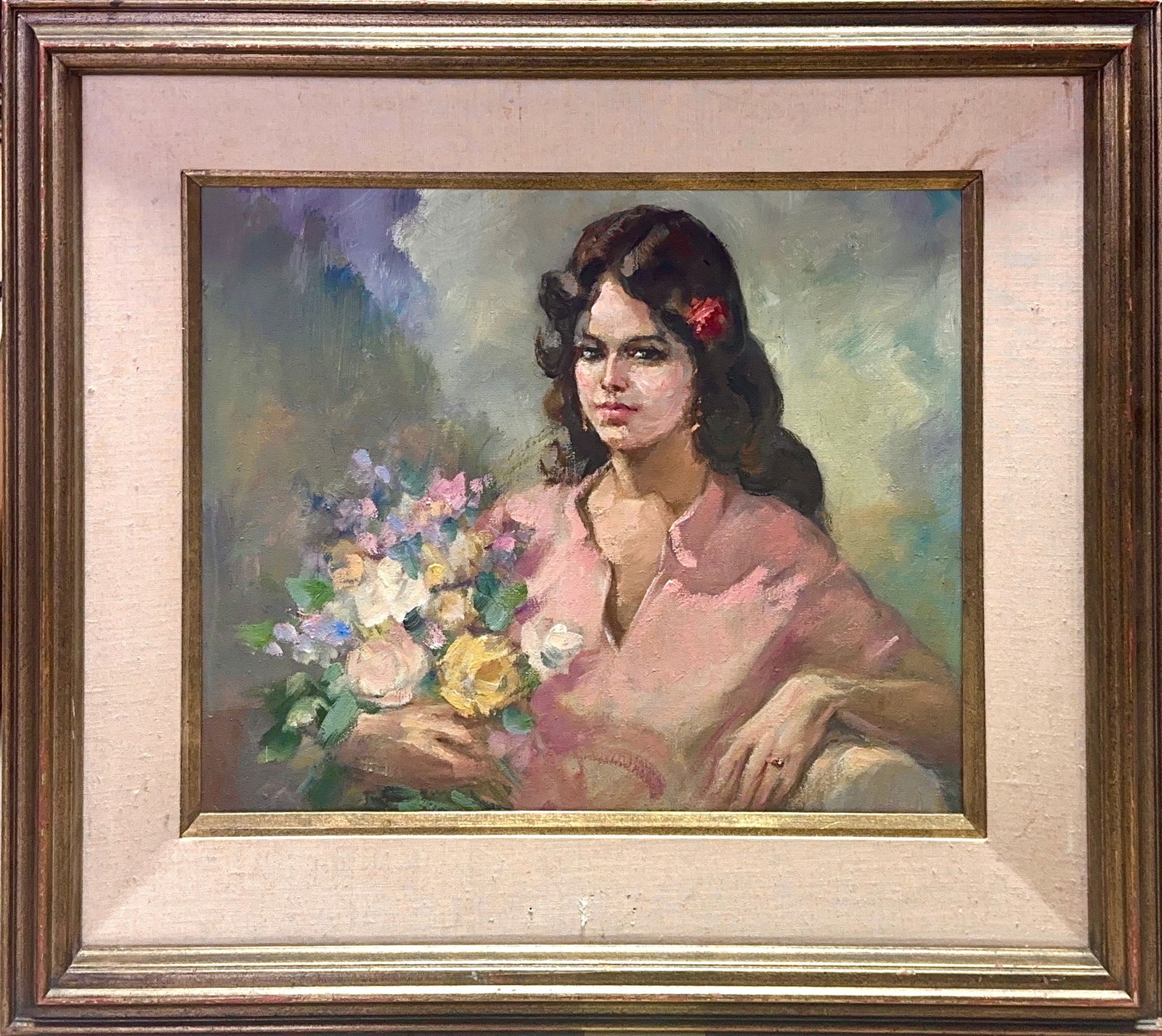 Illegible Signature, Oil on Canvas, Italian (Mid-20th-Century Modernism): This mid-century oil portrait depicts a dark-haired woman with a red flower in her hair, cradling a colorful, impressionistic bouquet. She wears a soft pink collared shirt against a muted, atmospheric