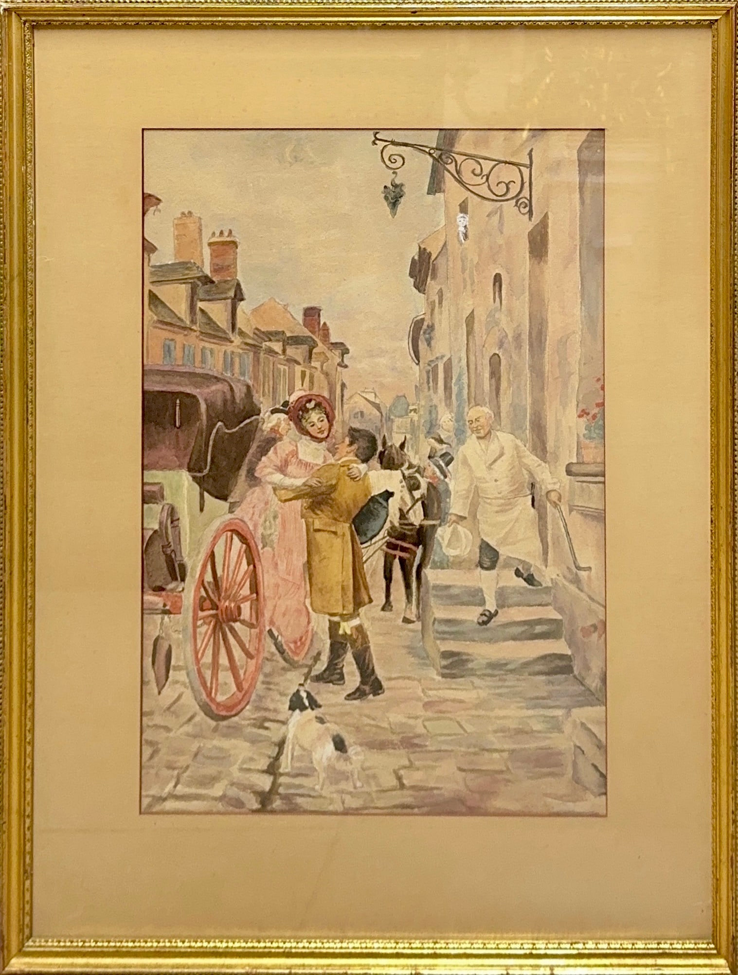 Mysterious Artist, Watercolor on Paper (20th Century): KEYWORDS: Romantic greeting, horse-drawn carriage, street scene, inn setting. The composition captures a moment of arrival at an inn, featuring a finely dressed young woman in a voluminous pink gown b
