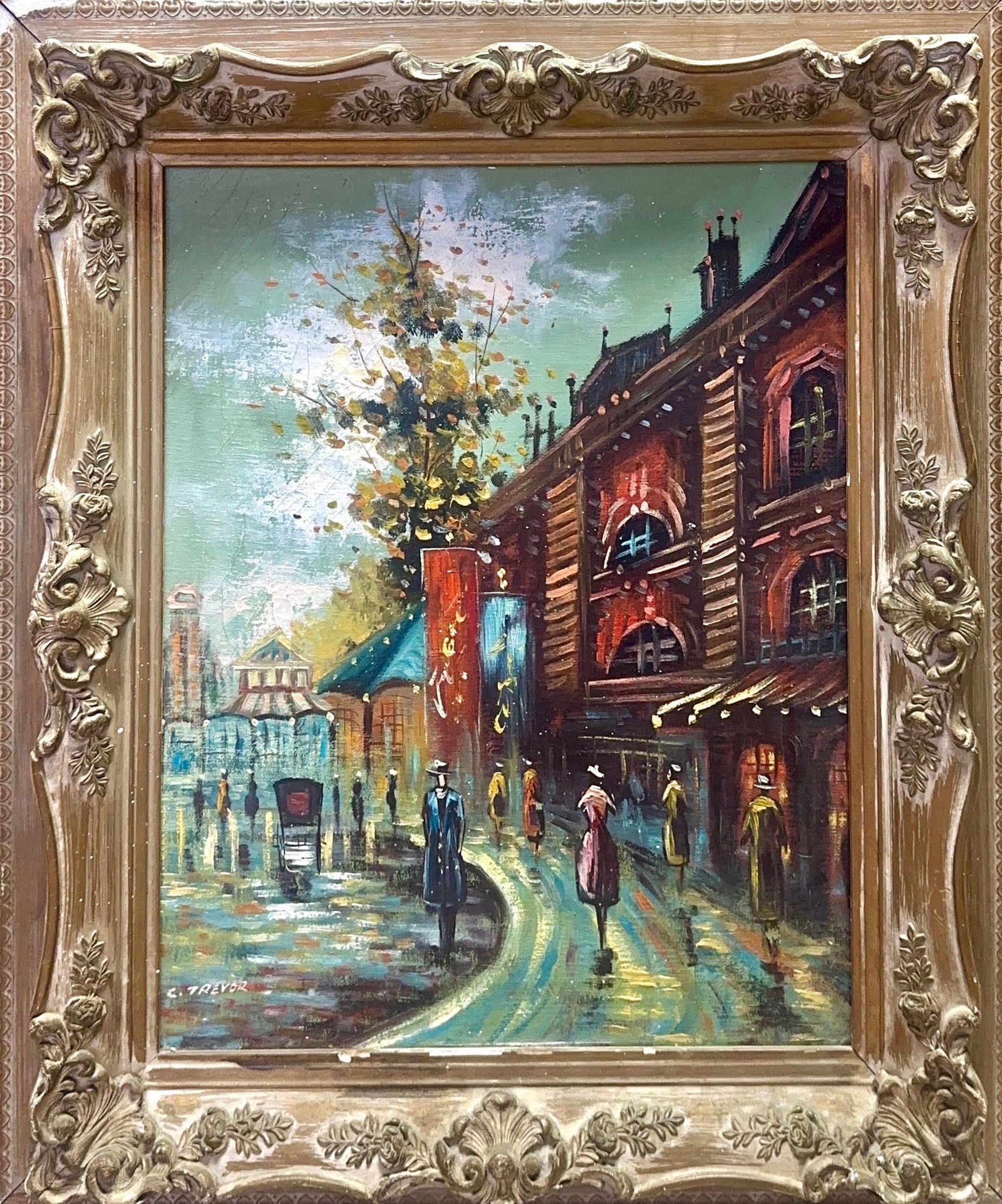 Illegible Signature, Oil on Canvas (20th Century): This framed oil painting captures a bustling urban street scene, a Parisian cityscape, rendered in a vibrant impressionist style. The composition is dominated by a large, multi-story building on the r
