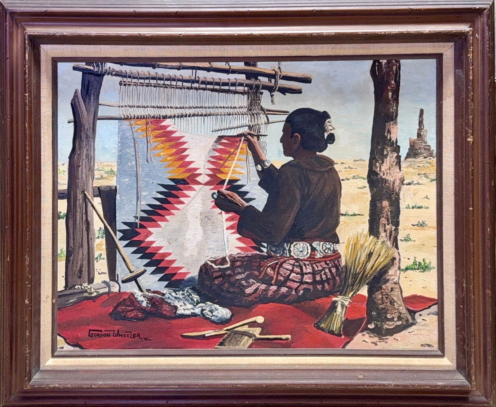 Gordon Wheeler, Oil on Canvas, Western (20th Century): KEYWORDS: Indigenous woman weaving, desert landscape, navajo rug. Western and Native American Art. Dated 76, Gordon Wheeler. 20th Century. Known for: Buildings exteriors, coastal scenes, golf genre-pa