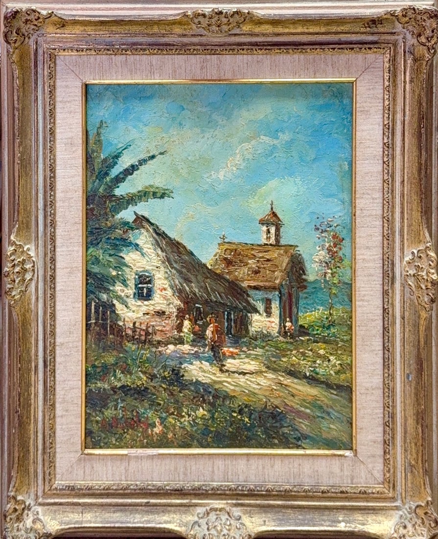 Illegible Signature, Oil on Cardboard, Impressionist (20th Century): This oil painting depicts a serene, rural scene featuring a group of rustic buildings under a bright, partly cloudy sky. The artist uses an impressionistic style with thick, visible brushstrokes and a