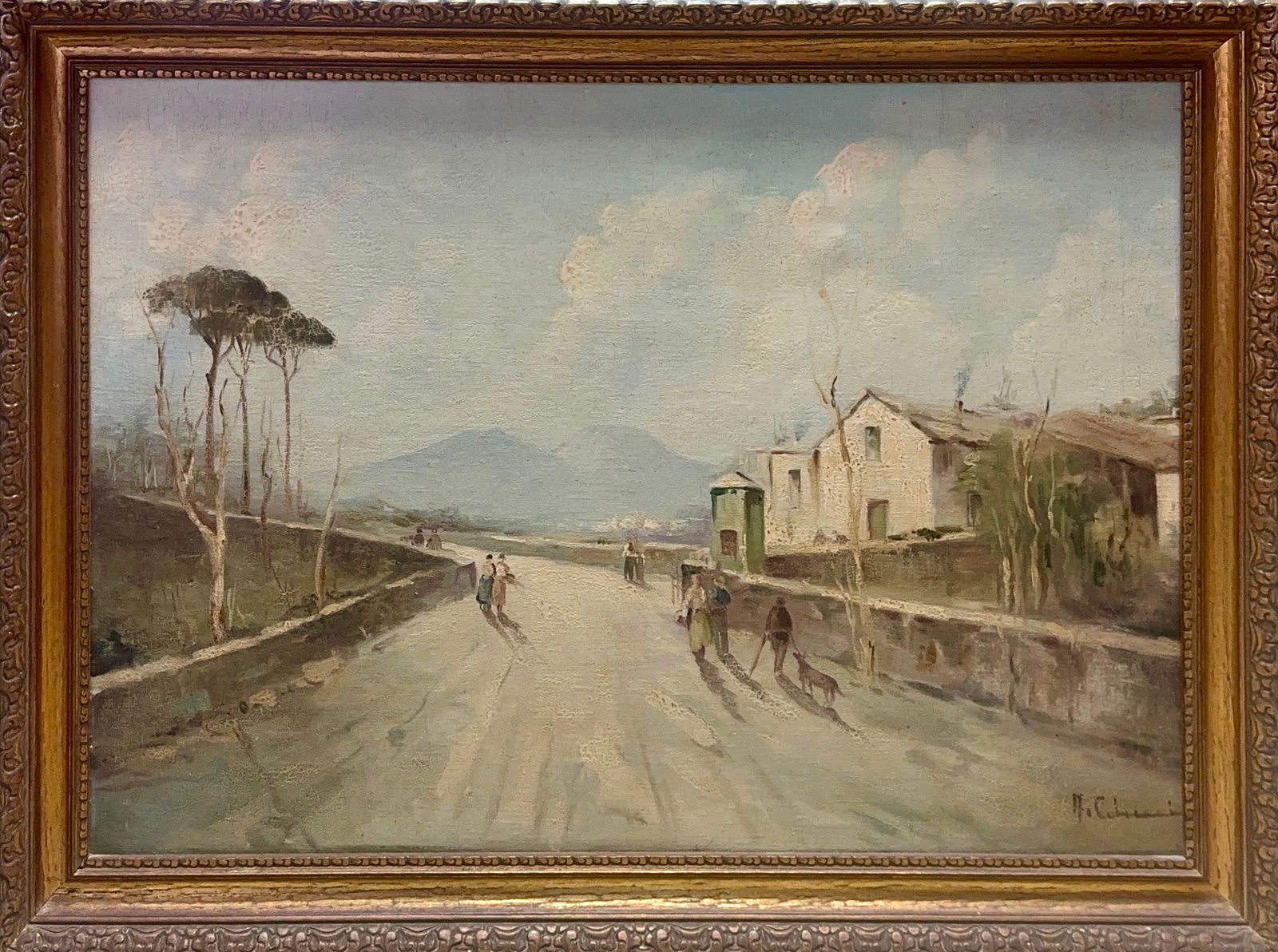 Illegible Signature, Oil on Canvas, (Mid-20th Century): This oil painting depicts a sunlit landscape scene featuring a wide road or bridge in the foreground, populated by several figures and a dog. To the left, tall, slender trees stand prominently, while