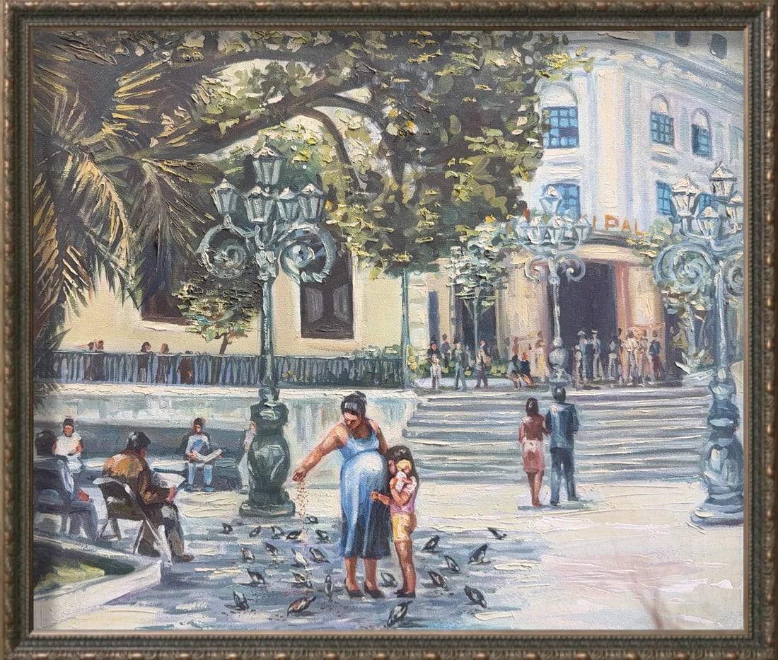 Doris Ramos, Oil on Canvas, Venezuelan (On going) 'Esquina de Principal': KEYWORDS: Urban scene, Cityscape, Square, Plaza, Building, Architecture, Neo-Renaissance architecture, "ALPAL" building (text visible on the building), People (figures), Pigeons or Birds, Feeding bird