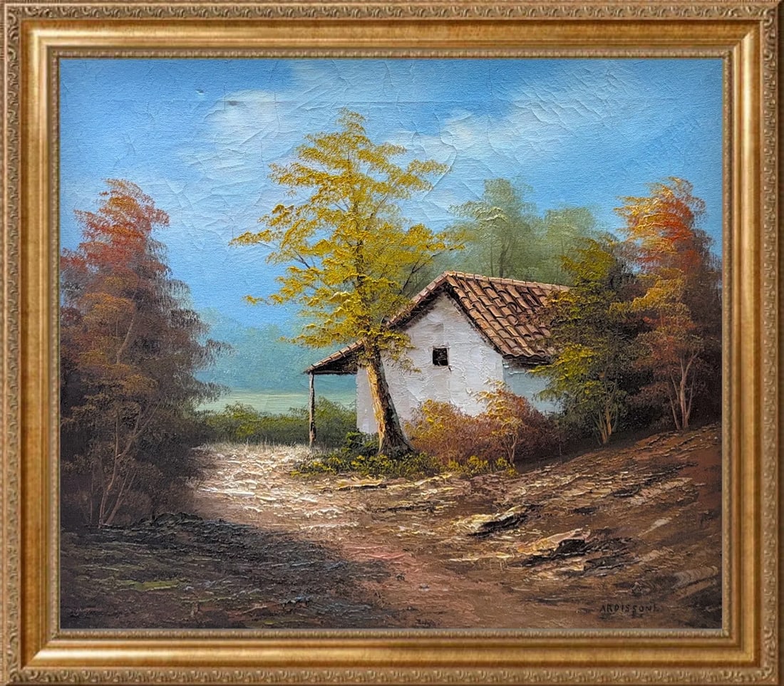 Yolande Ardissone, Oil on Canvas, French (1927 - 2024): KEYWORDS: Landscape, Folk art style, Terracotta tile roof, White-washed walls, Impasto technique (textured, thick paint application), Vibrant autumnal palette, Rustic homestead, Solitary Farmhouse, Co