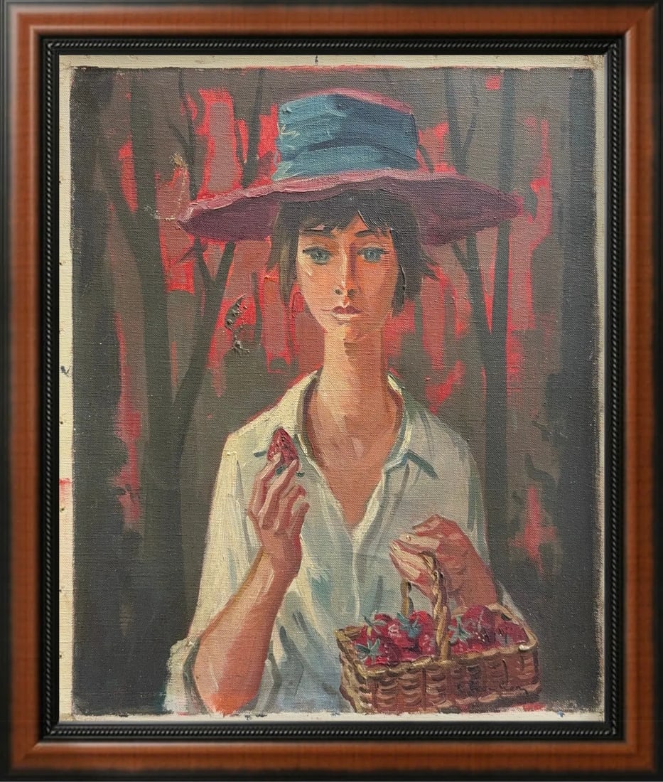 Andre Chochon, Oil on Canvas, French (1910-2005): KEYWORDS: Figurative, Portrait of a person, Youthful/young, Wide-brimmed hat (blue and purple), White collared shirt, Picking berries, Strawberries/raspberries, Basket, Forest background, Red hues/dra