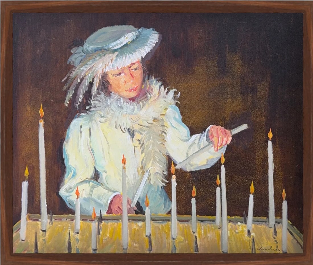 Andre Chochon, Oil on Canvas, French (1910 - 2005): KEYWORDS: Portrait, Figure, Woman, Feathered hat, White fur stole/collar, White jacket, Lighting candles, Candles, Candle flames, Warm lighting, Dark background. Andre Chochon (1910 - 2005) was active