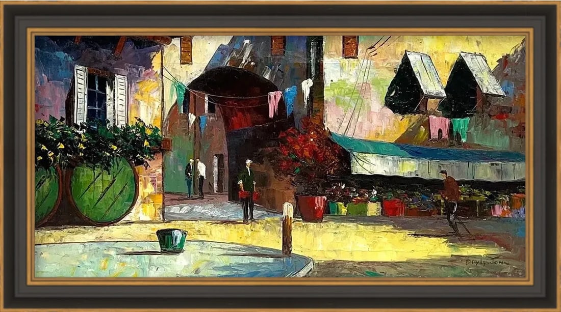 Cecil Rochfort D'Oyly-John, Oil on Canvas, British (1906 - 1993): KEYWORDS: Palette knife painting, Street scene, European market/bazaar, Buildings/architecture, Stall/awning, Produce/fruit/vegetables (colorful bins), Figures/people, Impasto, Vibrant colors. Born: 1