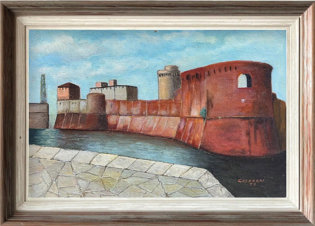 Pasqualino Gasparri, Oil on Wood Board: KEYWORDS: Fortezza Vecchia, Old Fortress, Livorno, Italy, Seascape or Waterscape, Harbor, Fortification, Red brick, Architecture, Towers, Oil painting. Pasqualino Gasparri is associated with Italy, pa