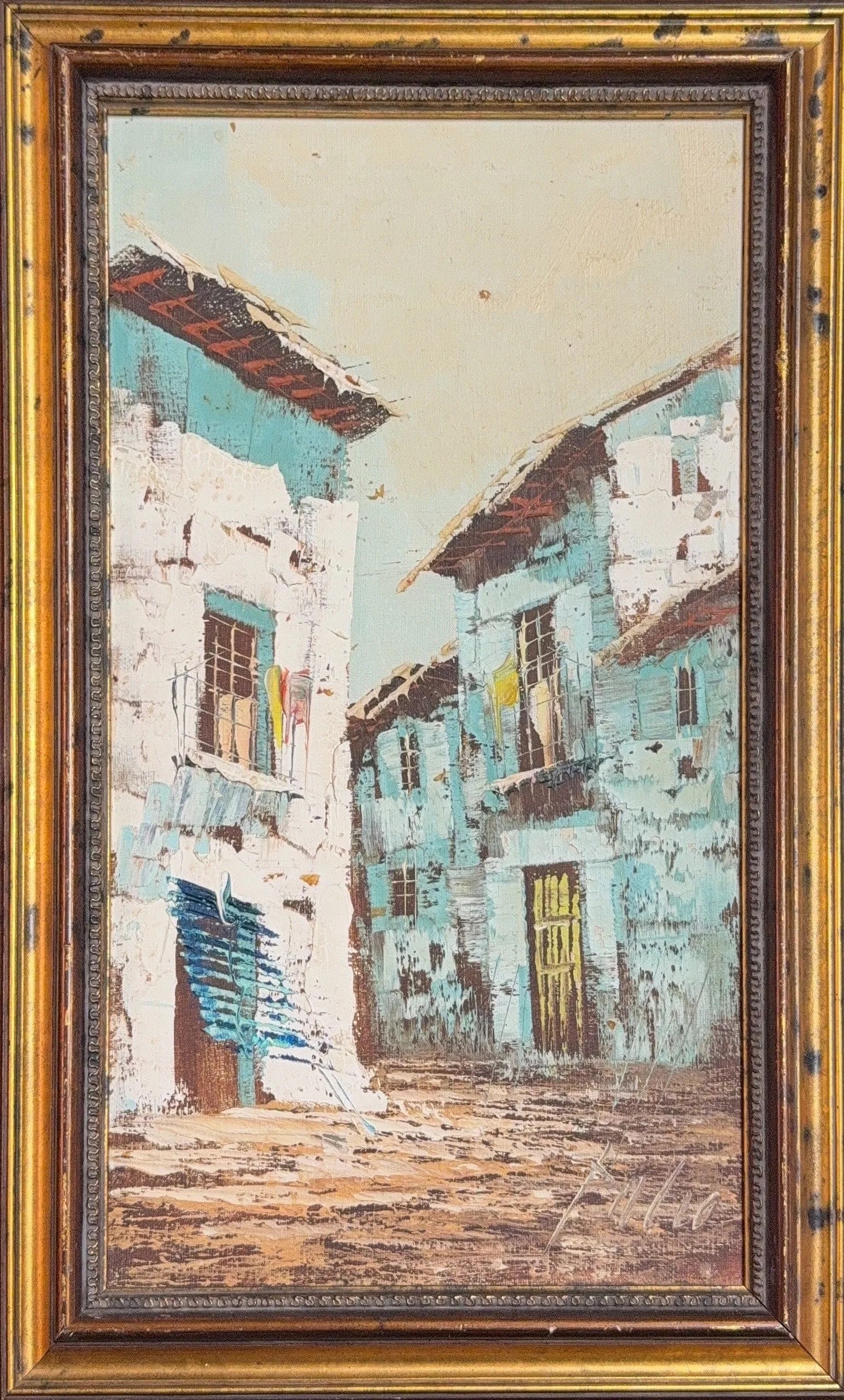 Mystery Artist, Julio, Oil on Canvas (20th Century): KEYWORDS: Mediterranean, Impressionism, Palette knife, Oil on board, Village, Cityscape, Textured, Mid-century, Vintage, Tropical, Rustic. Italian Piece. Vintage mid-century expressionist oil painting