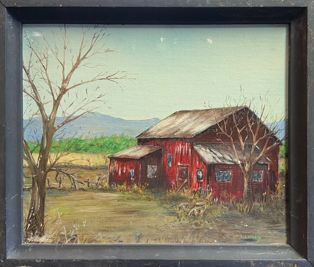 William Langson Lathrop, Oil on Wood board, American (1859 - 1938): KEYWORDS: Rural landscape, Red barn, Farm scene, Bare trees, Winter/Early spring, Field/pasture, Mountains in background, William Langson Lathrop (artist name), American Impressionism, Artwork. Born: