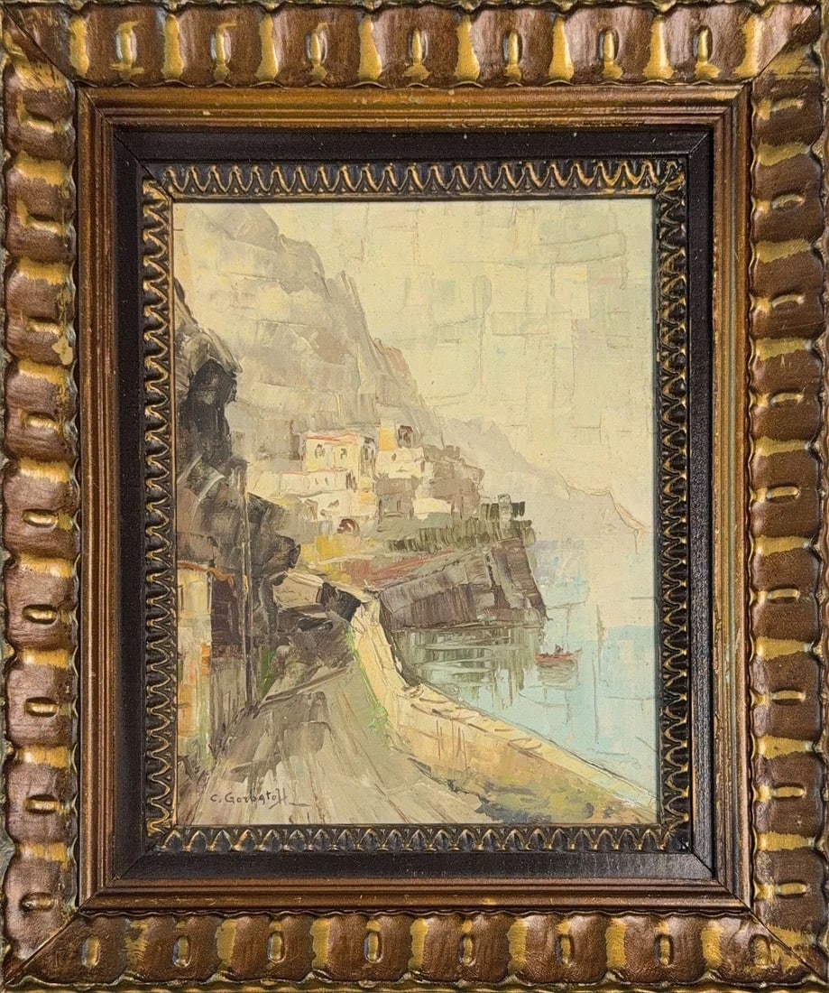 Konstantin Ivanovich Gorbatov, Oil on Canvas, Russian (1876 - 1945): KEYWORDS: Antique, Mountain Side, Street, Italy, Boats, Ocean, Cliff. Born: 1876 - Stavropol, Russia. Died: 1945 - Berlin, Germany. Known for: Landscape, figure, portrait, interior, and town-and city
