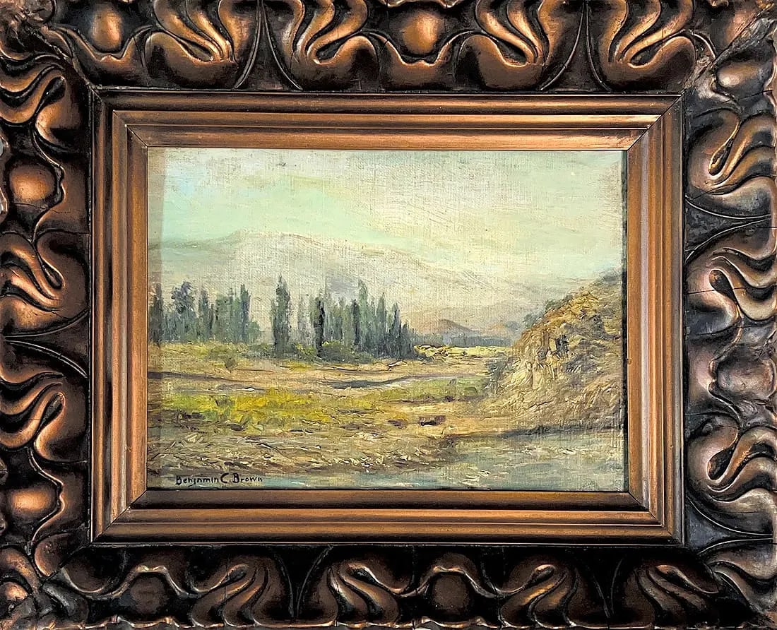 Benjamin Chambers Brown, Oil on Woodboard, American (1865 - 1942): Born: 1865 - Marion, Arkansas. Died: 1942 - Pasadena, California. Known for: Landscape, portrait and still-life painting, etching. Born in Marion, Arkansas, Benjamin Brown was a landscape painter and
