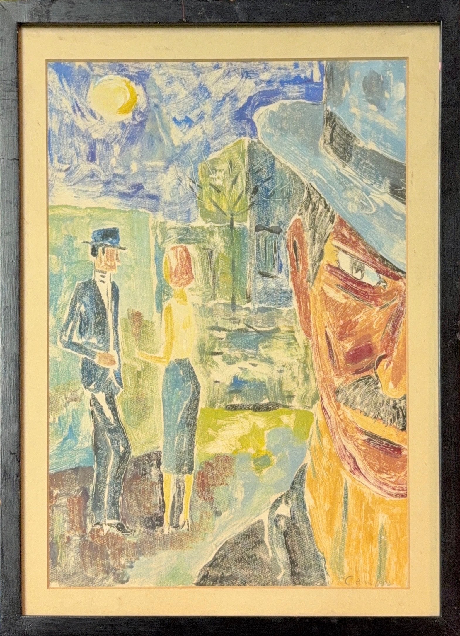 Illegible Signature, Watercolor on Paper, 20th Century: KEYWORDS: Vivid colors, street scene, man in fedora, distorted perspective. This painting is an expressionistic work depicting a dynamic outdoor scene with three figures. A large, close-up face of a m