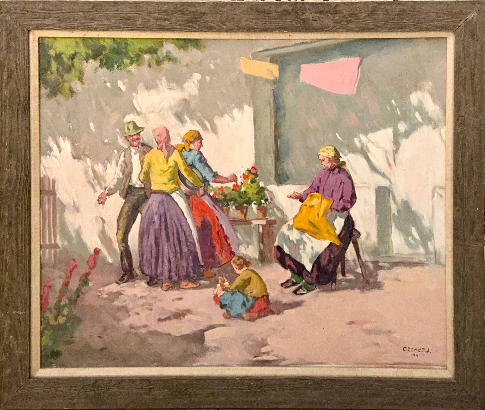 Janos Czencz, Oil on Canvas, Hungarian (1885 - 1960): KEYWORDS: Rural village life, laundry on a line, woman sewing, chld playing. Born: September 2, 1885. Died: January 12, 1960. Known for: Paintings. Janos Czencz, also known as Johannes Czencz, was a H