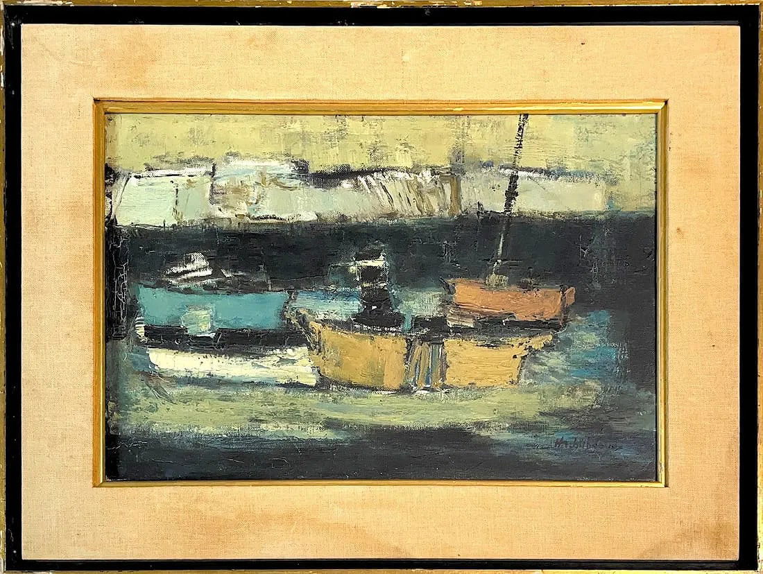 Maurice Bilbeaud, Oil on Canvas, French (1919 - 1997): KEYWORDS: Maritime, coastal abstraction, moody atmosphere, saiboats. Born:1919. Died:1997. Maurice Bilbeaud was a painter born in Sète in 1919, died in 1997 in Nice. Painter of nudes, animated landsc