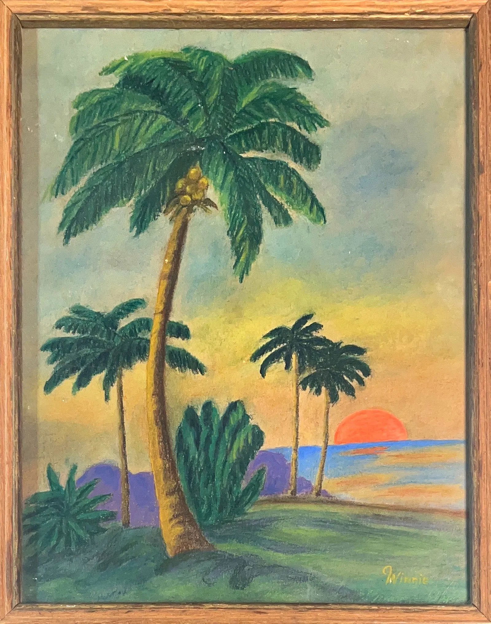 Winnie, Oil on Board, Florida Highwayman (Attributed): KEYWORDS: Palm trees, seascape, fauvist colors, tropical beach. Winnie, Acrylic Painting, (Antique). This oil painting on canvas board depicts a tropical landscape with palm trees and a sunset. Mounta