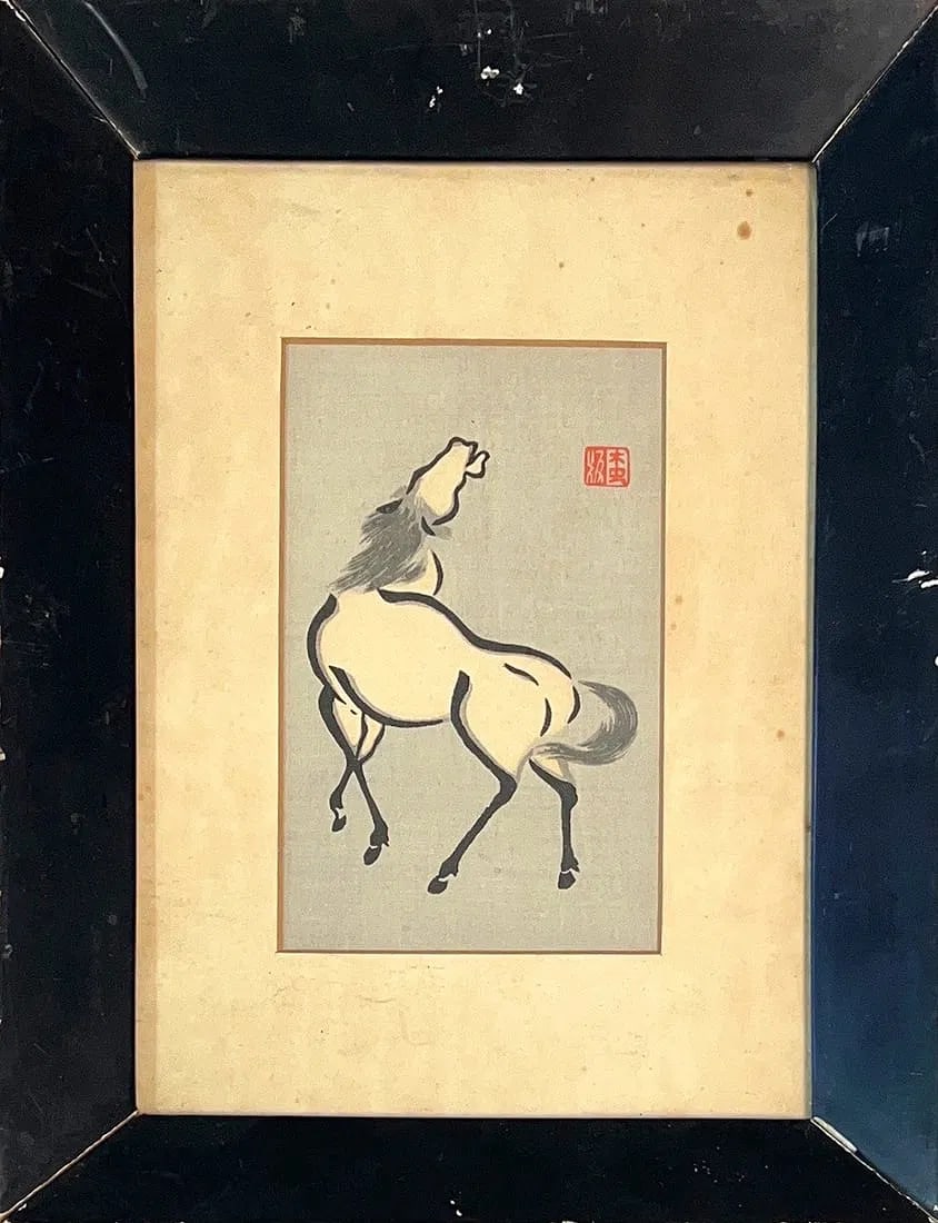 Antique Monogram, Watercolor on Paper, Chinese: KEYWORDS: Rearing horse, neutral palette, hanko seal. Antique Chinese Horse Painting. Painting done with detailed brush lines. Could be a diamond in the rough from centuries ago. Signed upper right co