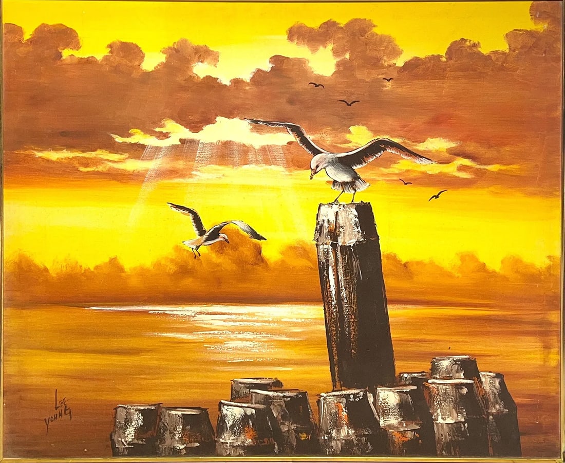 Lee Young, Oil on Canvas, American(1914 - 1988): KEYWORDS: Seascape, seagulls in flight, wooden pier pilings, golden hour lighting. Born: 1914 - Portland, Oregon. Died: 1988 - Spokane, Washington. Known for: Portrait painting. Lee Young (1914 - 1988