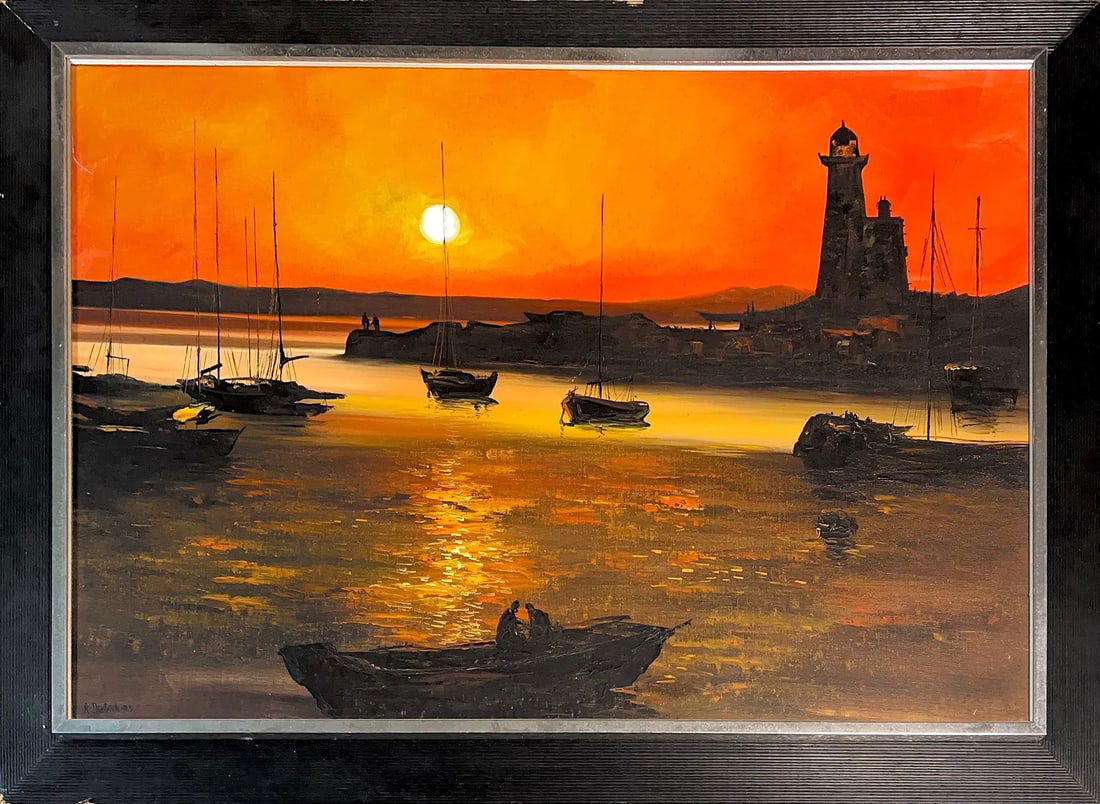 Adolf Dietrich, Oil on Canvas, Swiss (1877 - 1957): KEYWORDS: Seascape, dramatic sunset, lighthouse silhouette, sailboats. Born: 1877 - Thurgau Berlingen on Lake Untersee. Died: 1957. Known for: Painting Adolf Dietrich, who grew up in modest circumstan