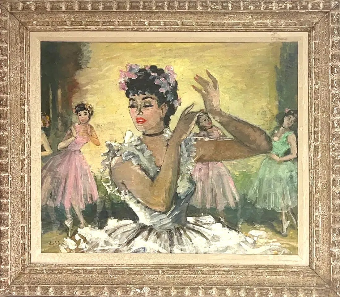 Cherry Jeffe Huldah, Oil on Canvas, American (1901 - 2001): KEYWORDS: Background dancers, principal dancer, floral headpiece, soft aesthetic, nostalgic mood. Born: 1901 - Dallas, Texas. Died: 2001. Known for: Female figure, still life. An American fine artist
