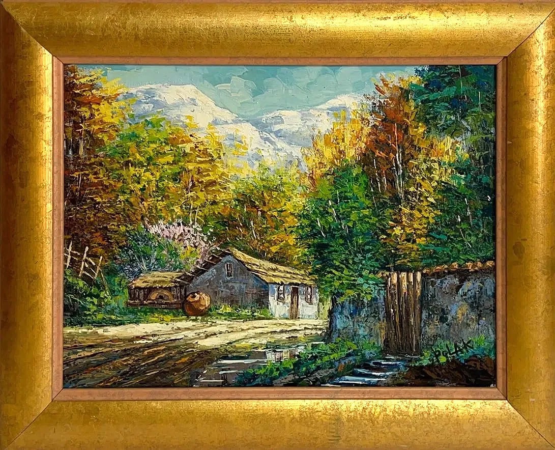 Dimitri Polak, Oil on Canvas, Ukraine (1922 – 2008): KEYWORDS: Highland cottage, snow-capped peaks, autumnal foliage, pastoral charm. Born : 1922. Died : 2008. The artist Dimitri Polak was born in 1922 in a small village near Kiev, Ukraine, once part of