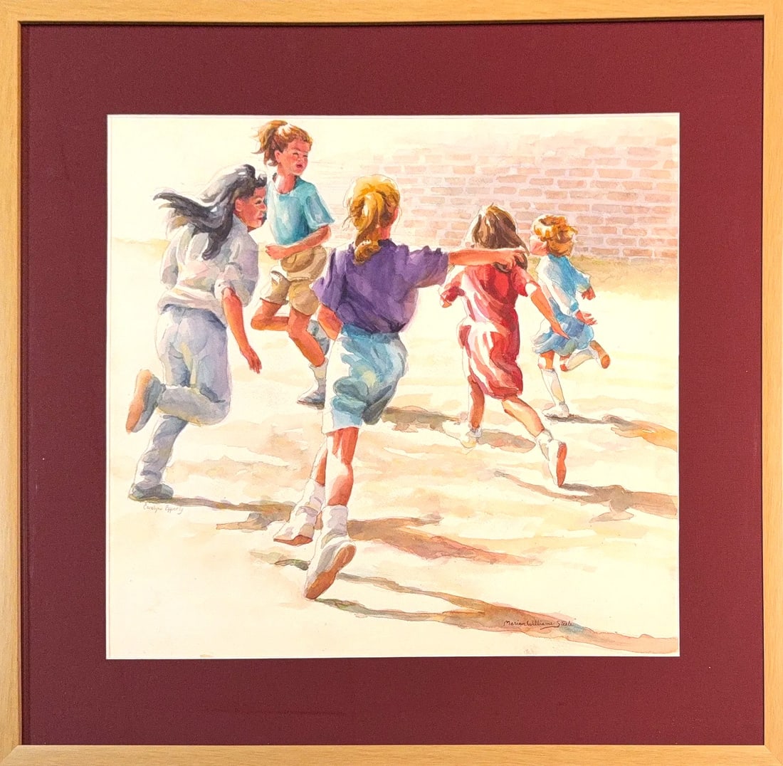 Marian Steele, Watercolor, American (1912 - 2001): KEYWORDS: Candid, nostalgic moment, brick wall background, children running, sun-drenched lighting. Born: 1912 - Trenton, New Jersey. Died: 2001 - Gloucester, Massachusetts. Known for: Landscape, mari