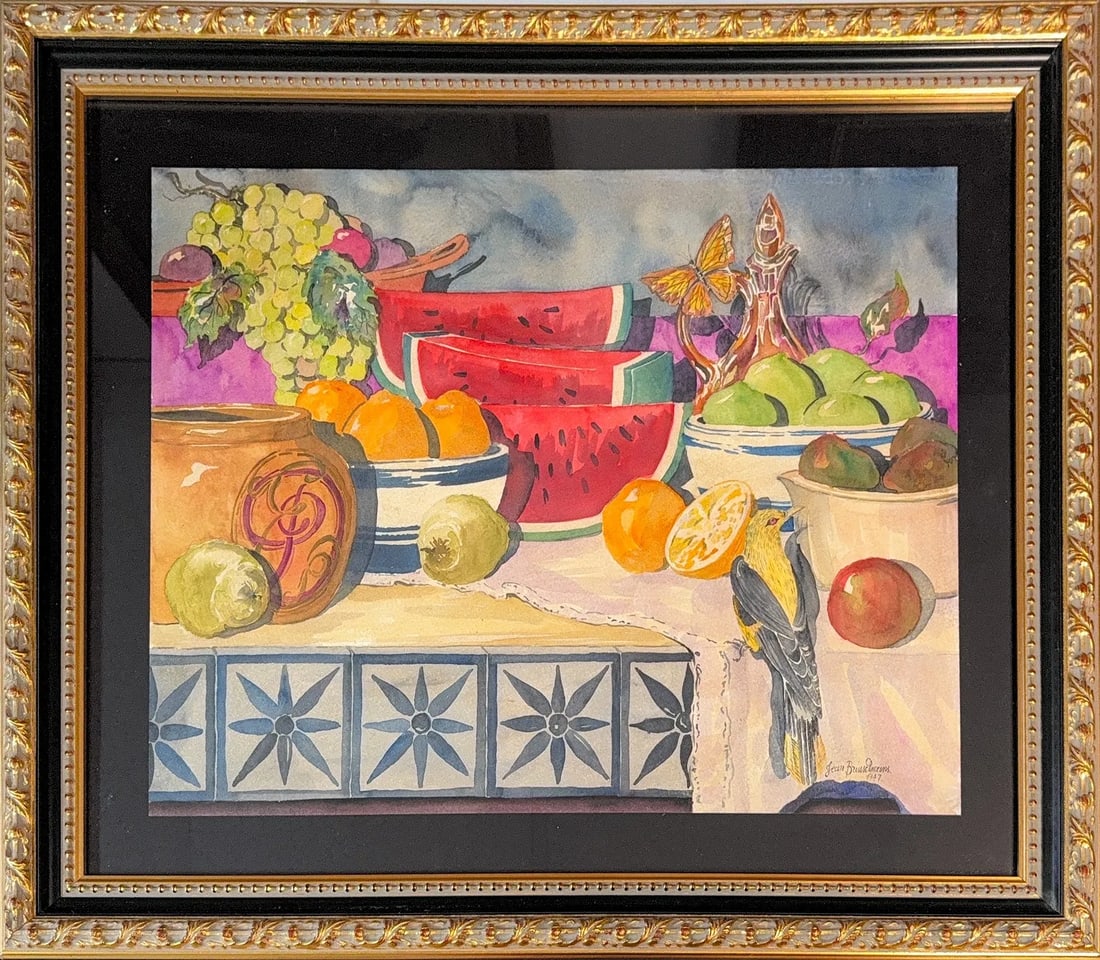 Jean Brusselmans, Watercolor on Paper, Dutch (1884 - 1953): KEYWORDS: Variety of fruits, yellow and black bird, tiled and cloth covered table, festive. Born: 1884 - Burssels, Netherlands. Died: 1953. Known for: Stylized, geometric paintings of every day life s