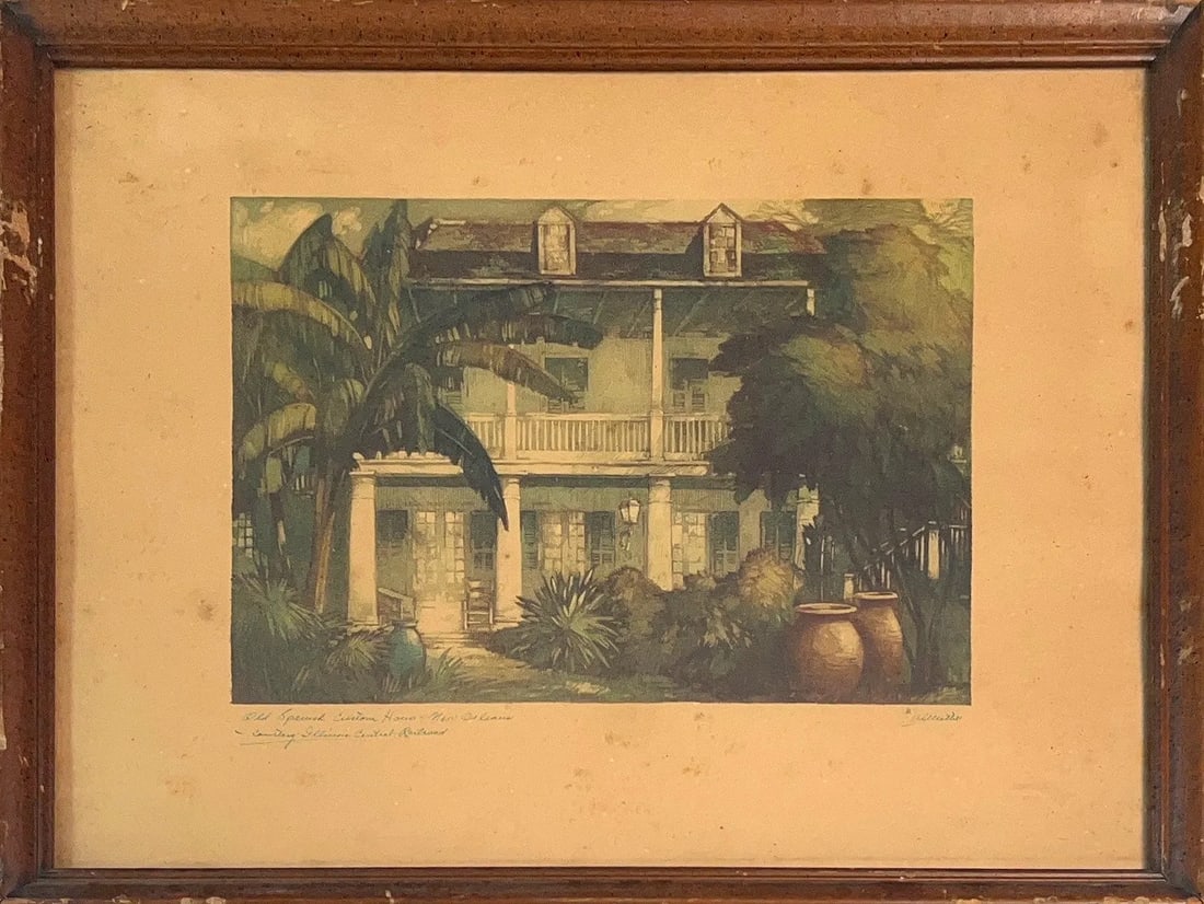 Al Mettel, Antique New Orleans Set of (2) Hand Signed by Artist Prints for Advertisement: Antique New Orleans Set of Prints for Advertisement. Set of 2PCS New Orleans landmarks. Made by artist for advertisement purposes. Places on the Prints: The Old Spanish Custom House, Courtyard of the