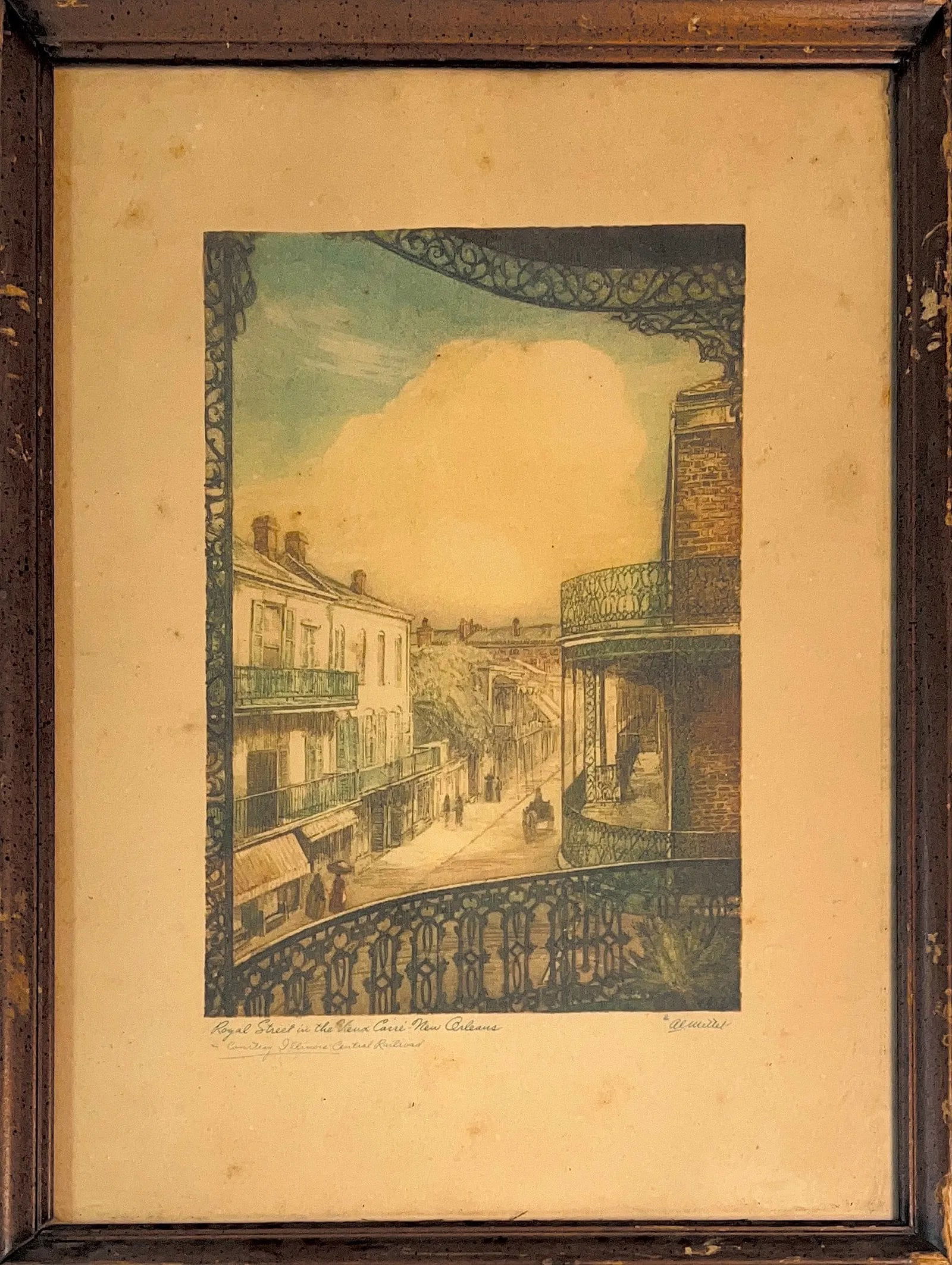 Al Mettel, Antique New Orleans Set of (2) Hand Signed by Artist Prints for Advertisement: Antique New Orleans Set of Prints for Advertisement. Set of 2PCS New Orleans landmarks. Made by artist for advertisement purposes. Places on the Print: The Old Spanish Custom House, Courtyard of the L