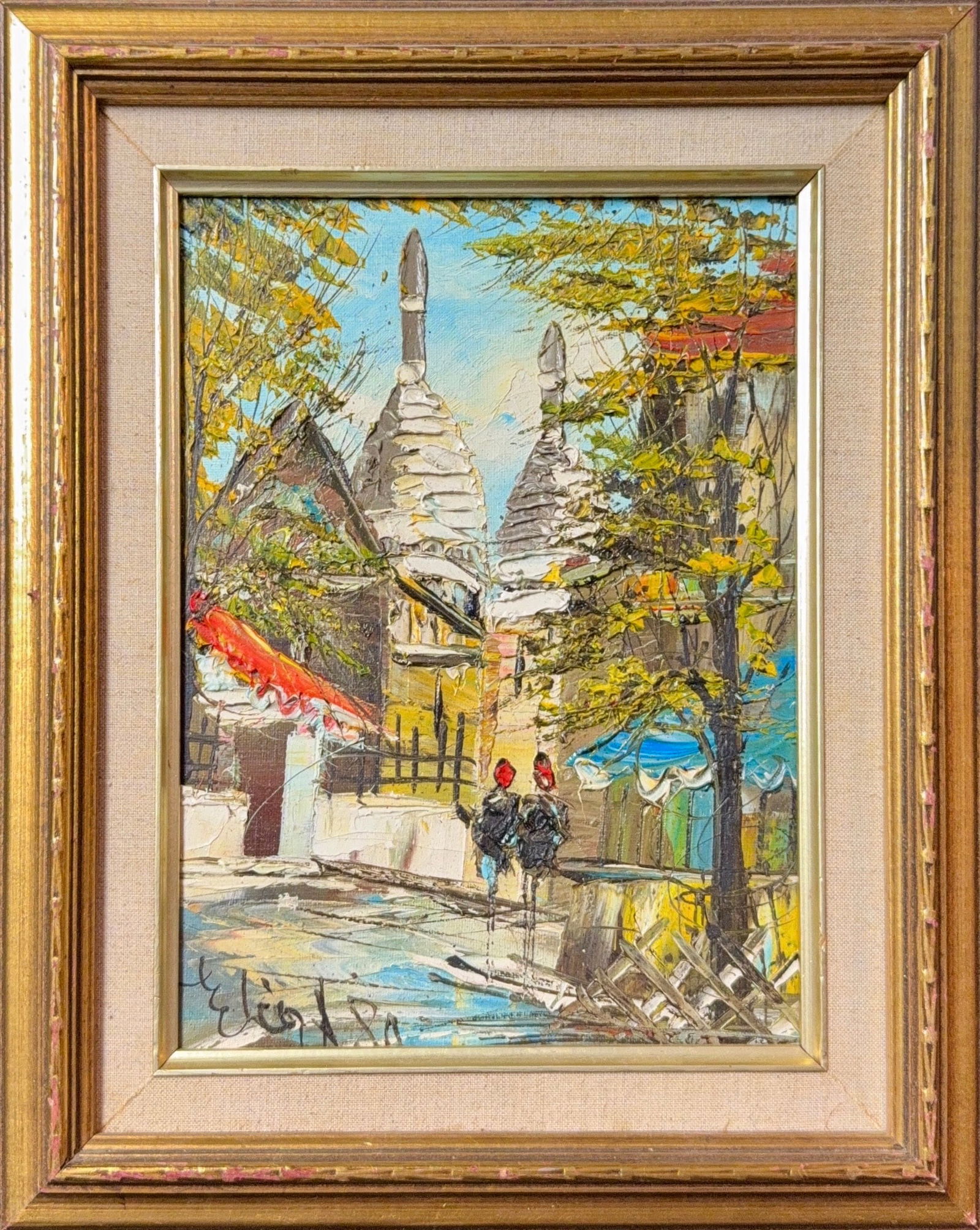 Illegible Signature, Oil on Canvas, 20th Century: KEYWORDS: European street scene, autumn trees, beehive shaped domes, two abstract figures, vibrant, bustling. A vibrant expressionist cityscape. Two stylized figures walk down a sun-dappled street in