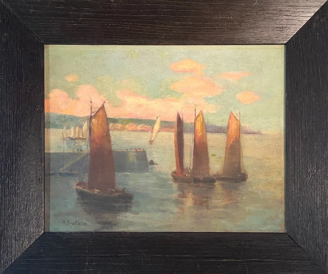 Attilio Pratella, Oil on Canvas, Italian (1856 - 1949): KEYWORDS: Sailing vessels, calm harbor, stone piers, tranquil, nostalgic. Born: 1856 - Lufo di Romagna. Died: 1949 - Napoli. Known for: Marine and town view painting. Name variants: Pratela Attilio. A