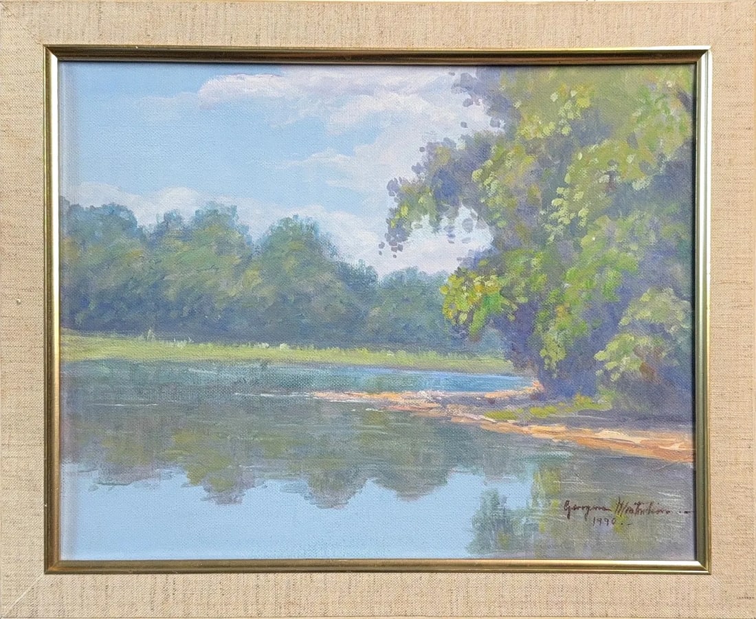 Georgina Whitehouse, Oil on Hard Board: KEYWORDS: Serene, Landscape, Lake, Trees, Sky, Trees, Forest, Shore, Clouds. This painting depicts a serene landscape of a body of water, likely a lake or a wide river. In the foreground, the calm wat