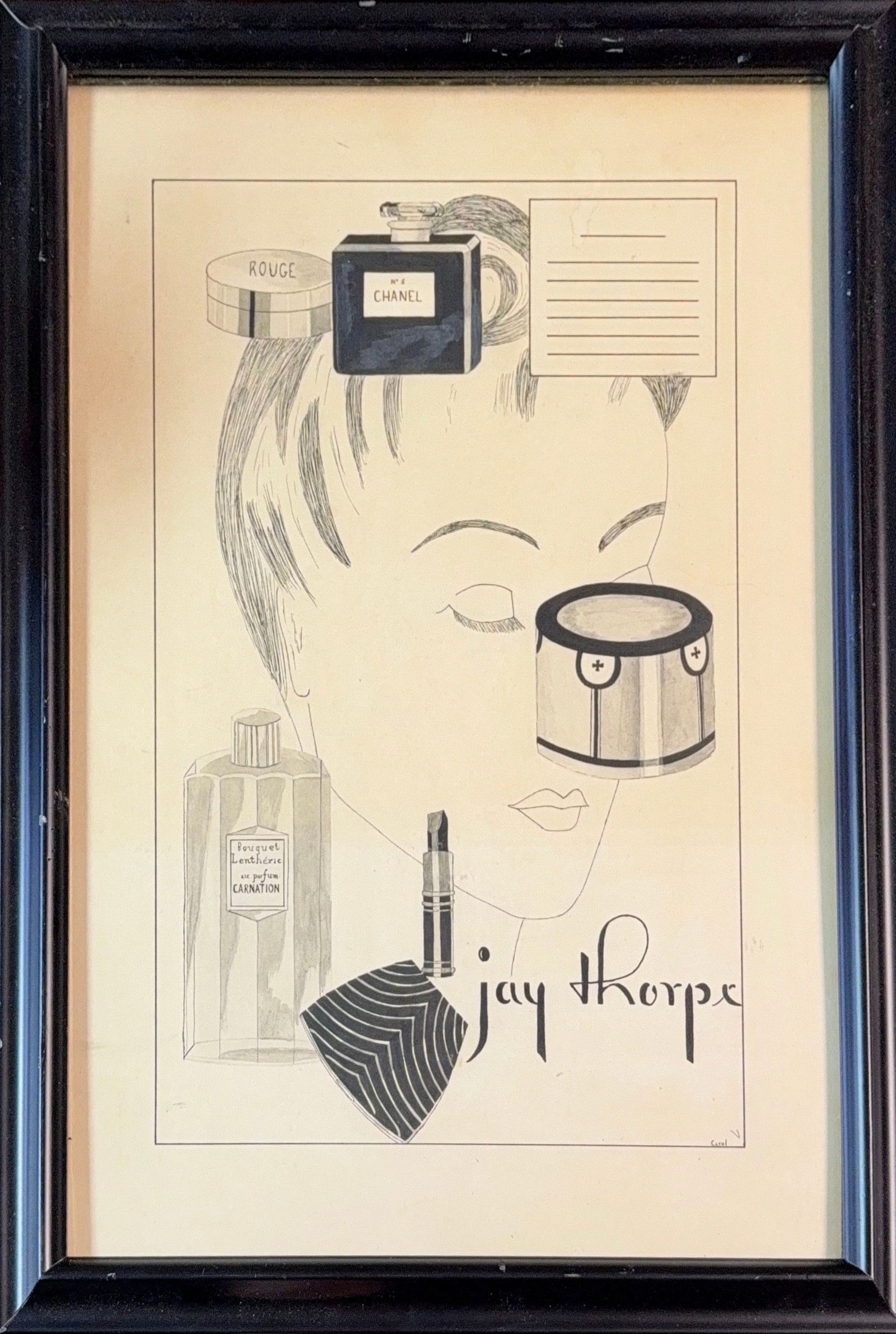 Jay Thorpe, Vintage Advertisement, Illustrated Art Pen and Ink: This vintage advertisement for Jay Thorpe, a high-end New York department store, features a surrealist, ink-and-wash illustration of a woman's face adorned with luxury beauty products. The composition