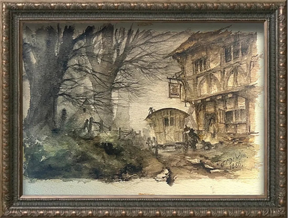 Thomas R Colman Dibdin, Watercolor on Paper, English (1810 - 1893) "The Jolly Farmer": KEYWORDS: The Jolly Farmer(inn name), 1886 (date), Victorian era, British art (likely, given the pub sign), Pub/Inn scene, Horse-drawn wagon/carriage, Rural/Village scene, Half-timbered building, Genr