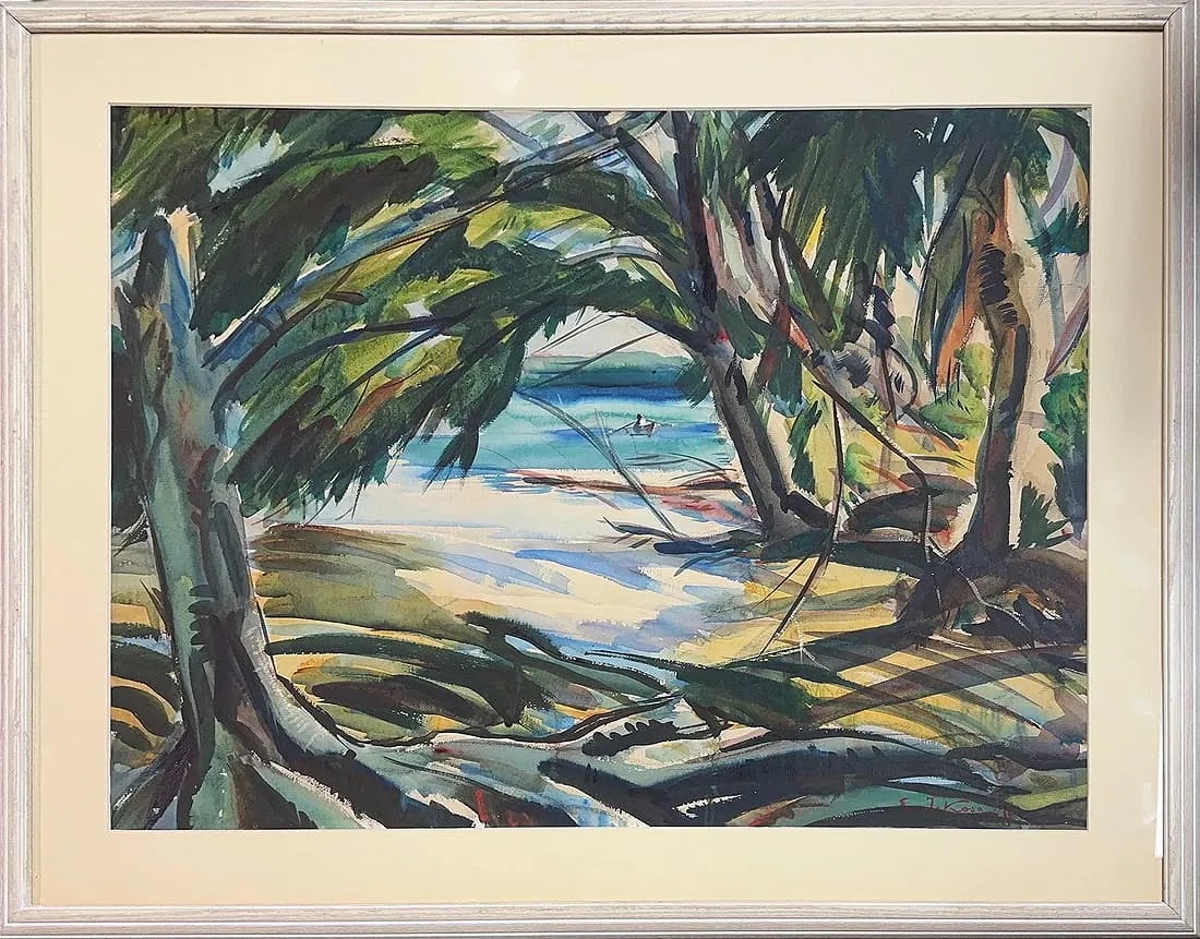 Emil Kosa Jr, Watercolor on Paper, French (1903 - 1968): KEYWORDS: Tropical landscape, Watercolor painting, Coastal scene, Trees, Water, Expressive brushstrokes, Framed art, Nature, Secluded cove. Born: 1903 - Paris, France. Died: 1968 - Los Angeles, Califo