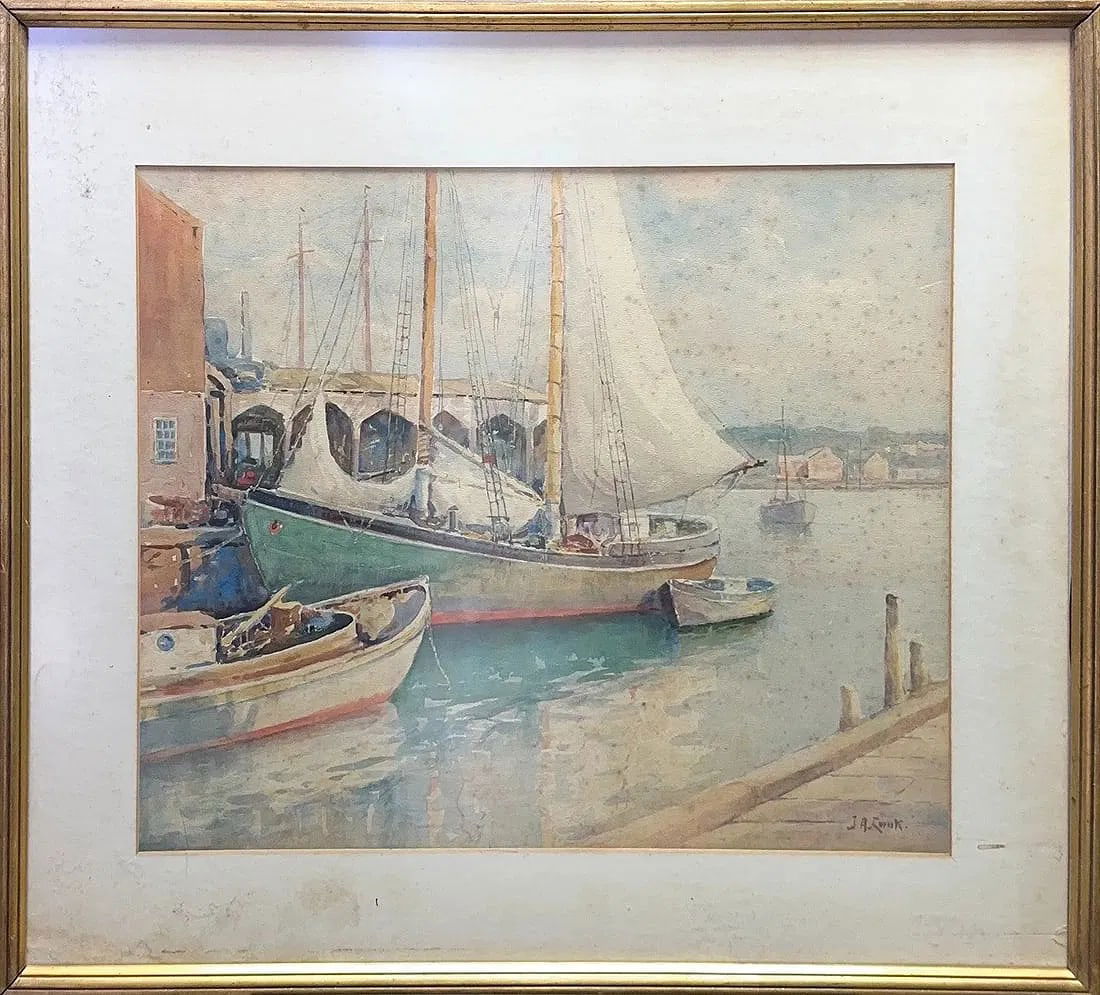 John A. Cook, Watercolor on Paper, American (1870 - 1936): KEYWORDS: Watercolor painting, Harbor scene, Sailboats, Docked vessels, Water reflections, Impressionist style, Framed art. Born: 1870 - Cape Ann, Massachusetts. Died: 1936. Known for: Marine and land